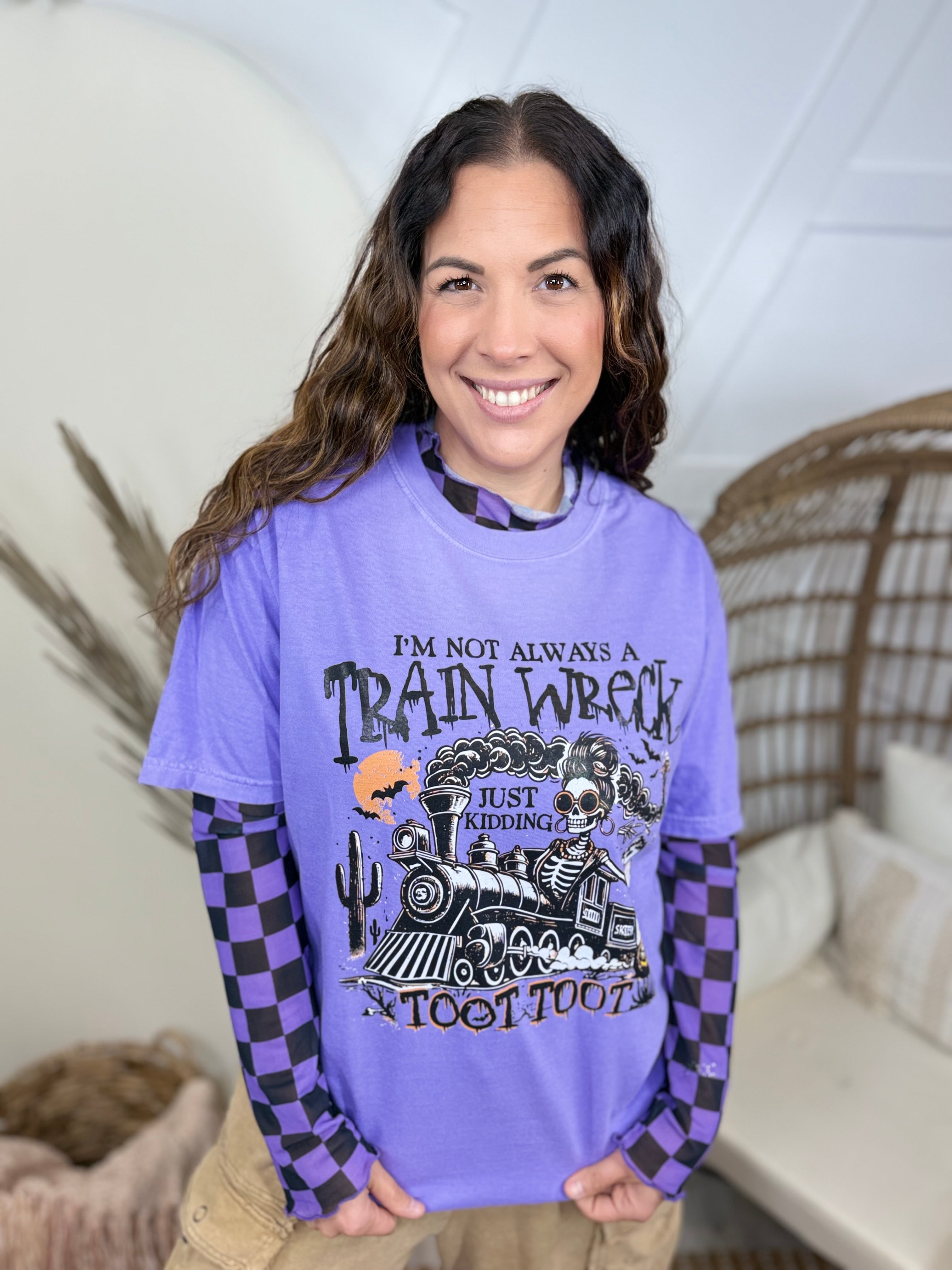 Trick or Checkered Mesh Top- Purple-120 LONG SLEEVE TOPS-Nylon Apparel-Heathered Boho Boutique, Women's Fashion and Accessories in Palmetto, FL