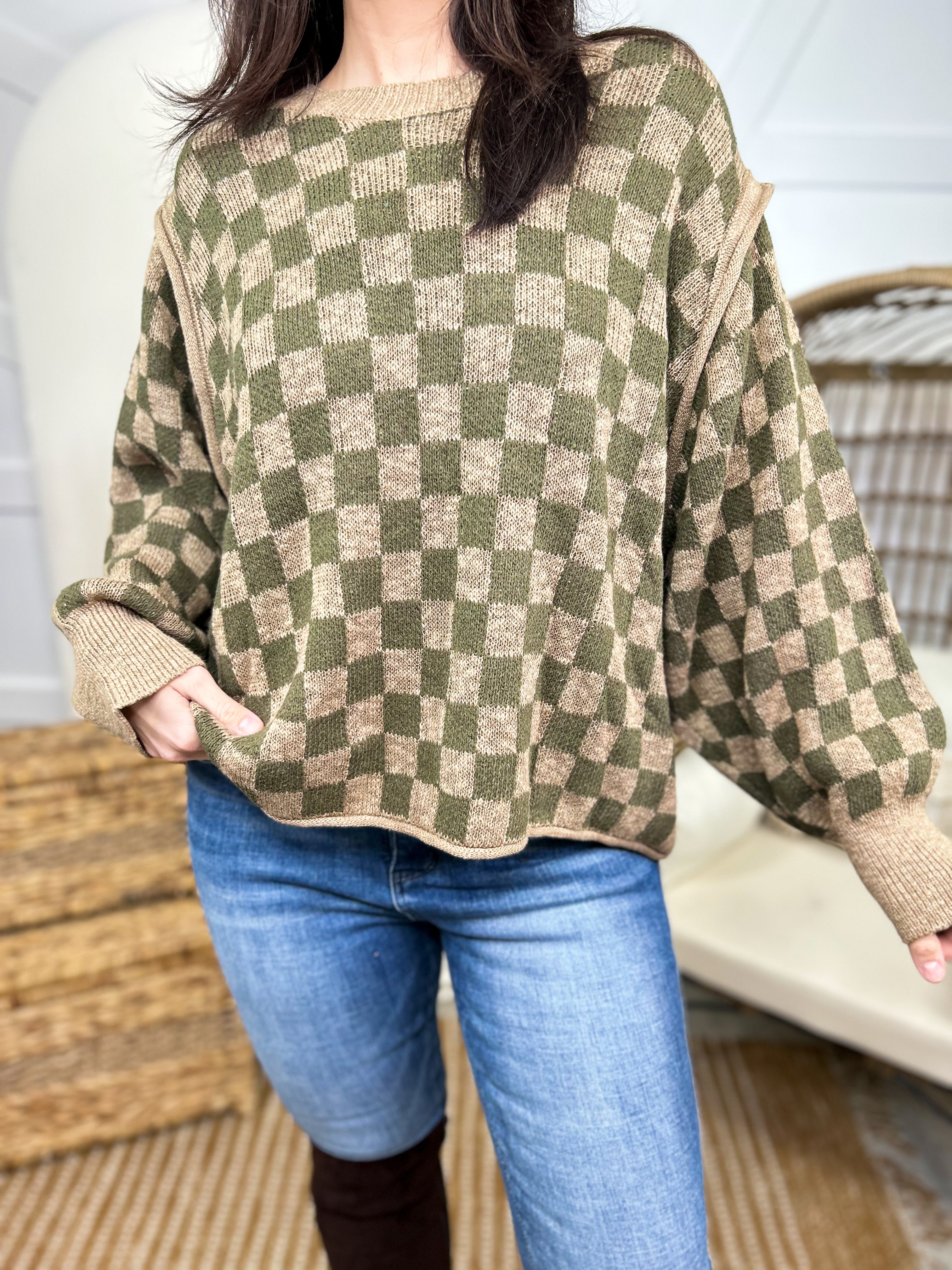 Checker Knit Sweater-125 Sweater-MELLOW-Heathered Boho Boutique, Women's Fashion and Accessories in Palmetto, FL