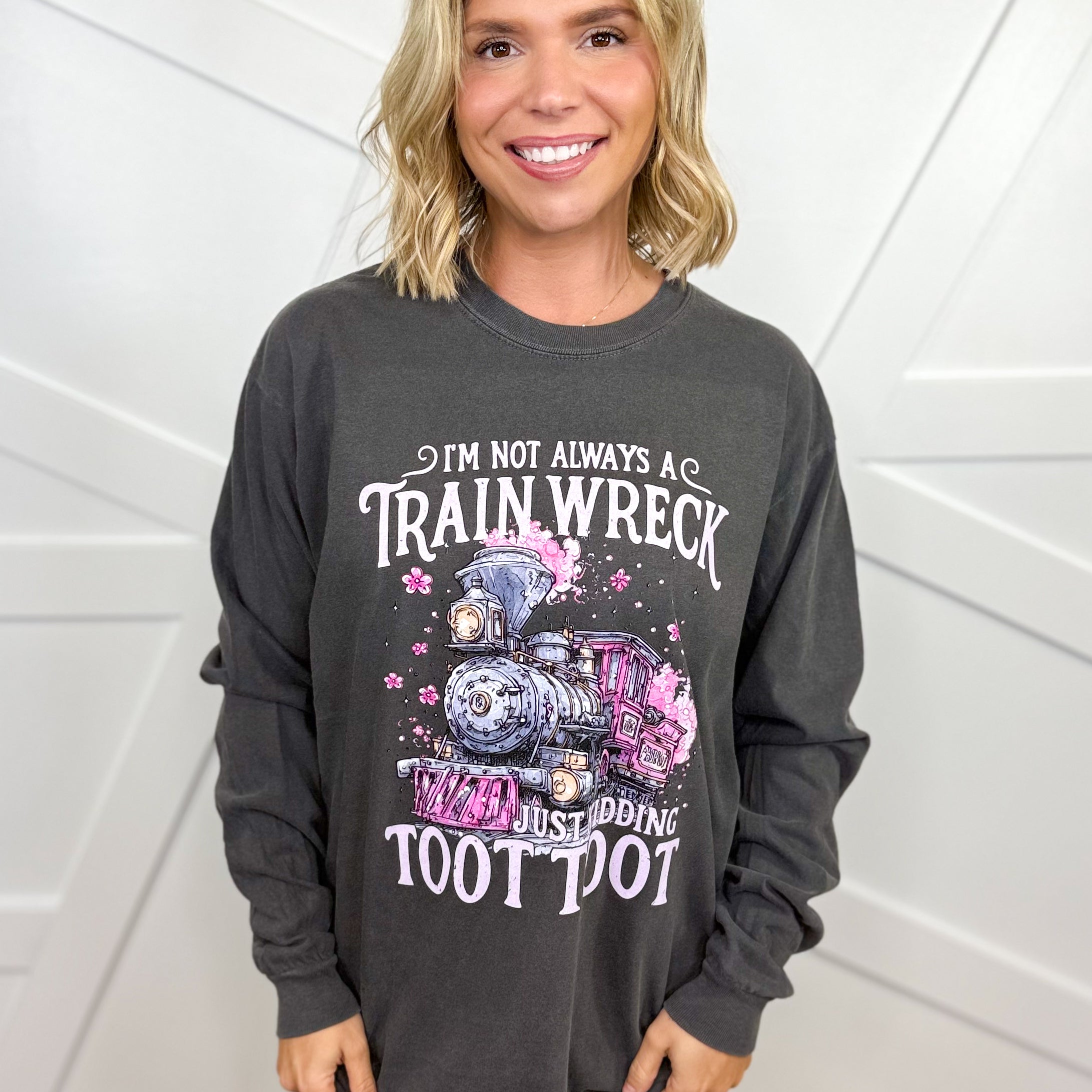 Not Always A Train Wreck Graphic Long Sleeve-Pepper-130 Graphic Tees-Heathered Boho-Heathered Boho Boutique, Women's Fashion and Accessories in Palmetto, FL