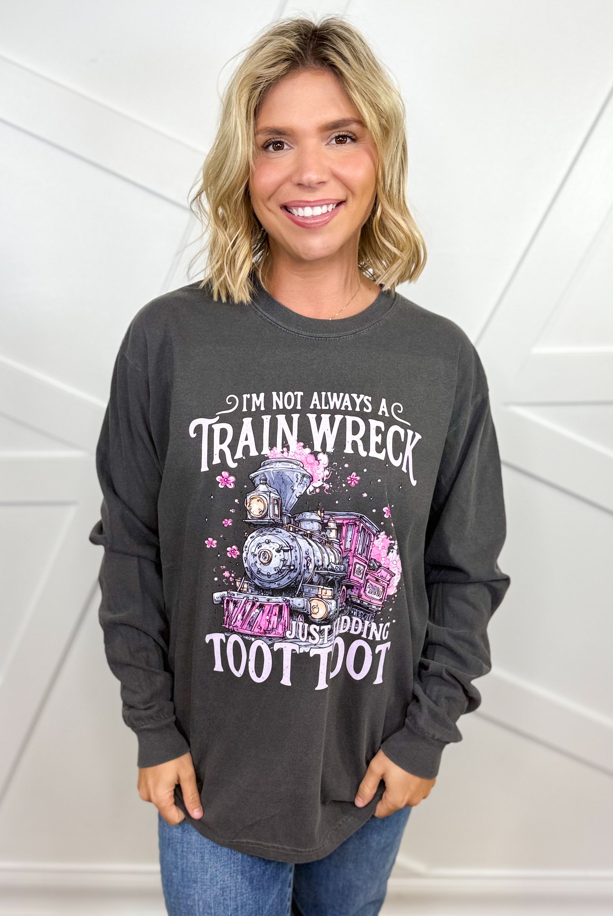 Not Always A Train Wreck Graphic Long Sleeve-Pepper-130 Graphic Tees-Heathered Boho-Heathered Boho Boutique, Women's Fashion and Accessories in Palmetto, FL