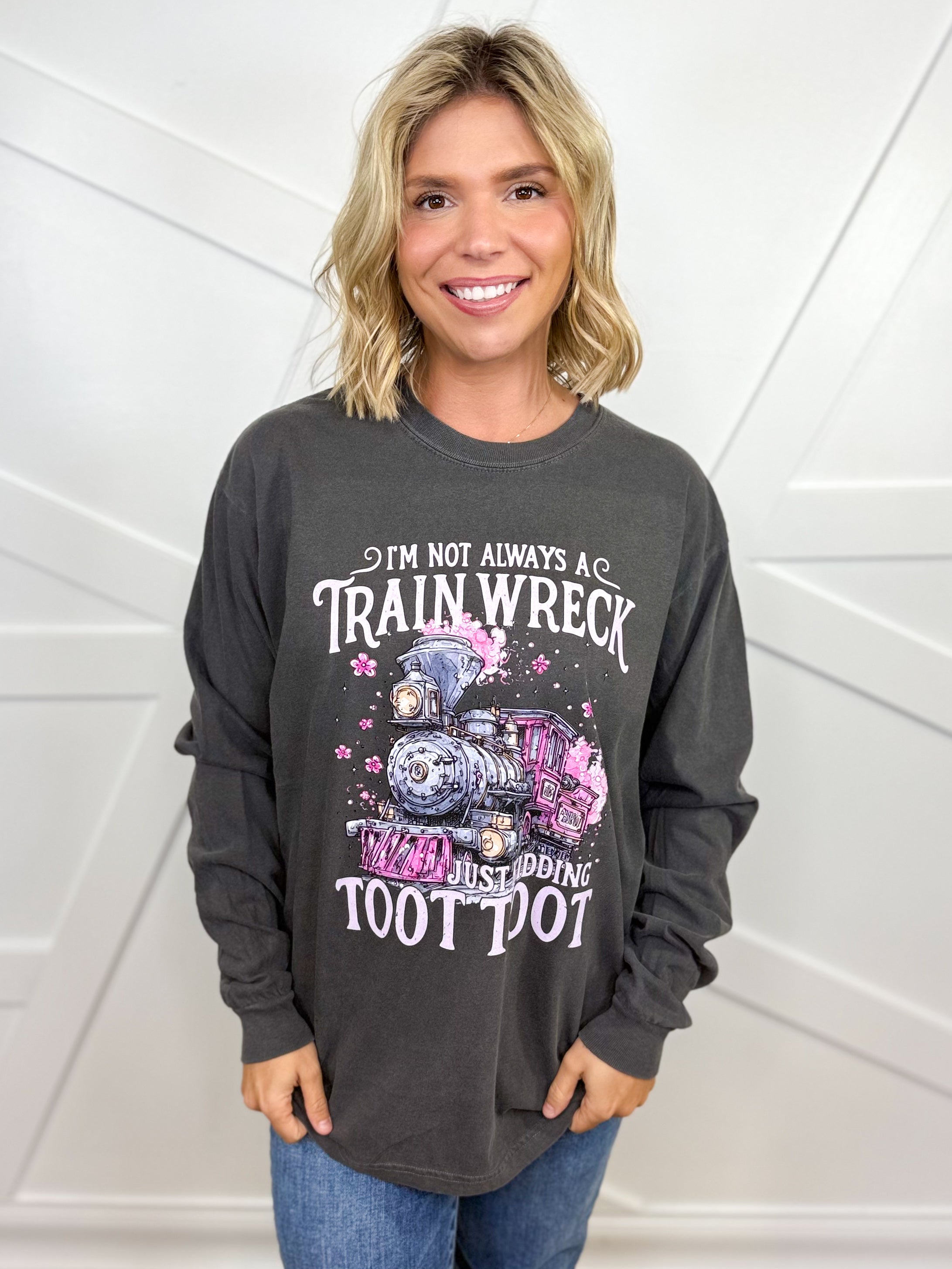 Not Always A Train Wreck Graphic Long Sleeve-Pepper-130 Graphic Tees-Heathered Boho-Heathered Boho Boutique, Women's Fashion and Accessories in Palmetto, FL