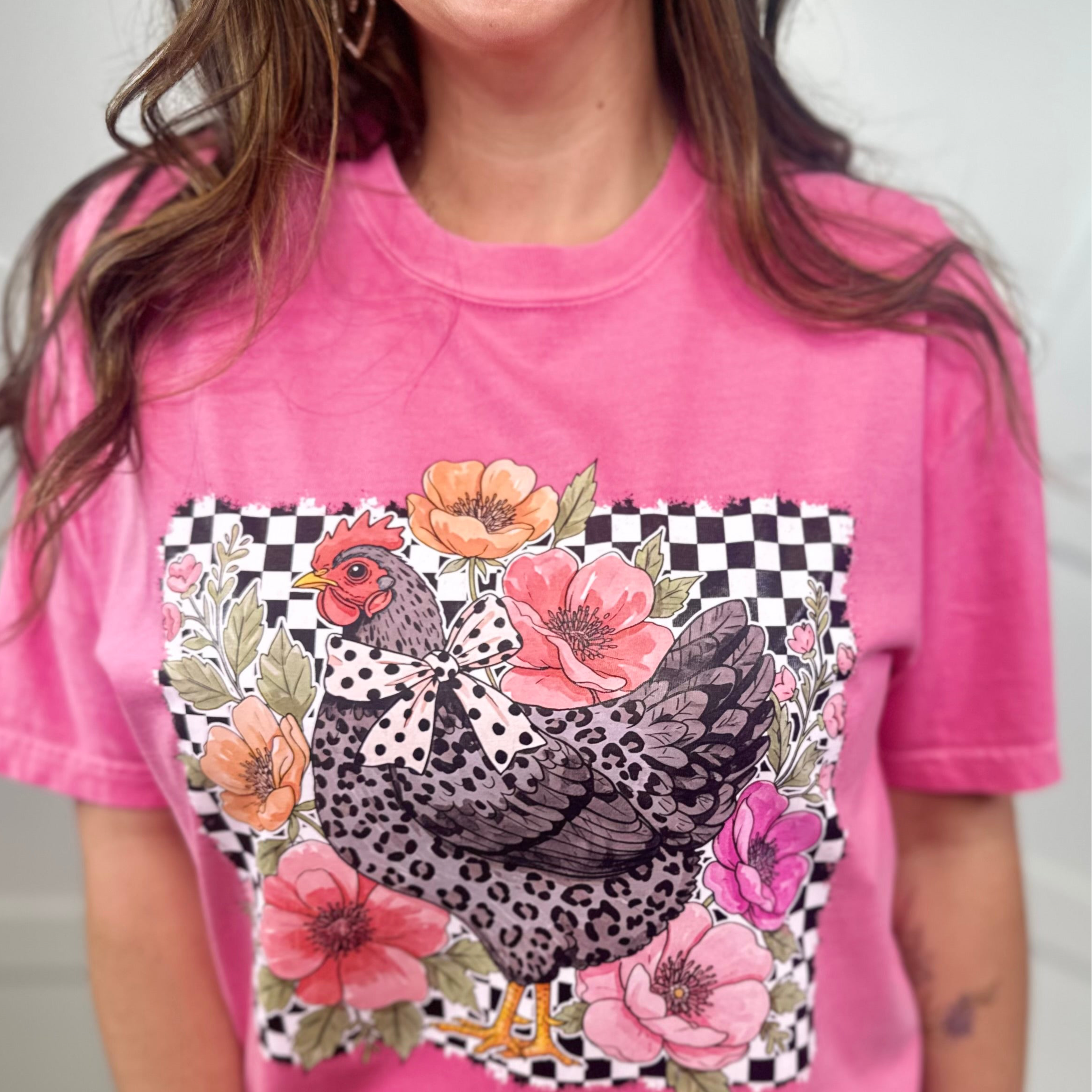 Checkered Chicken Graphic Tee-130 Graphic Tees-Heathered Boho-Heathered Boho Boutique, Women's Fashion and Accessories in Palmetto, FL