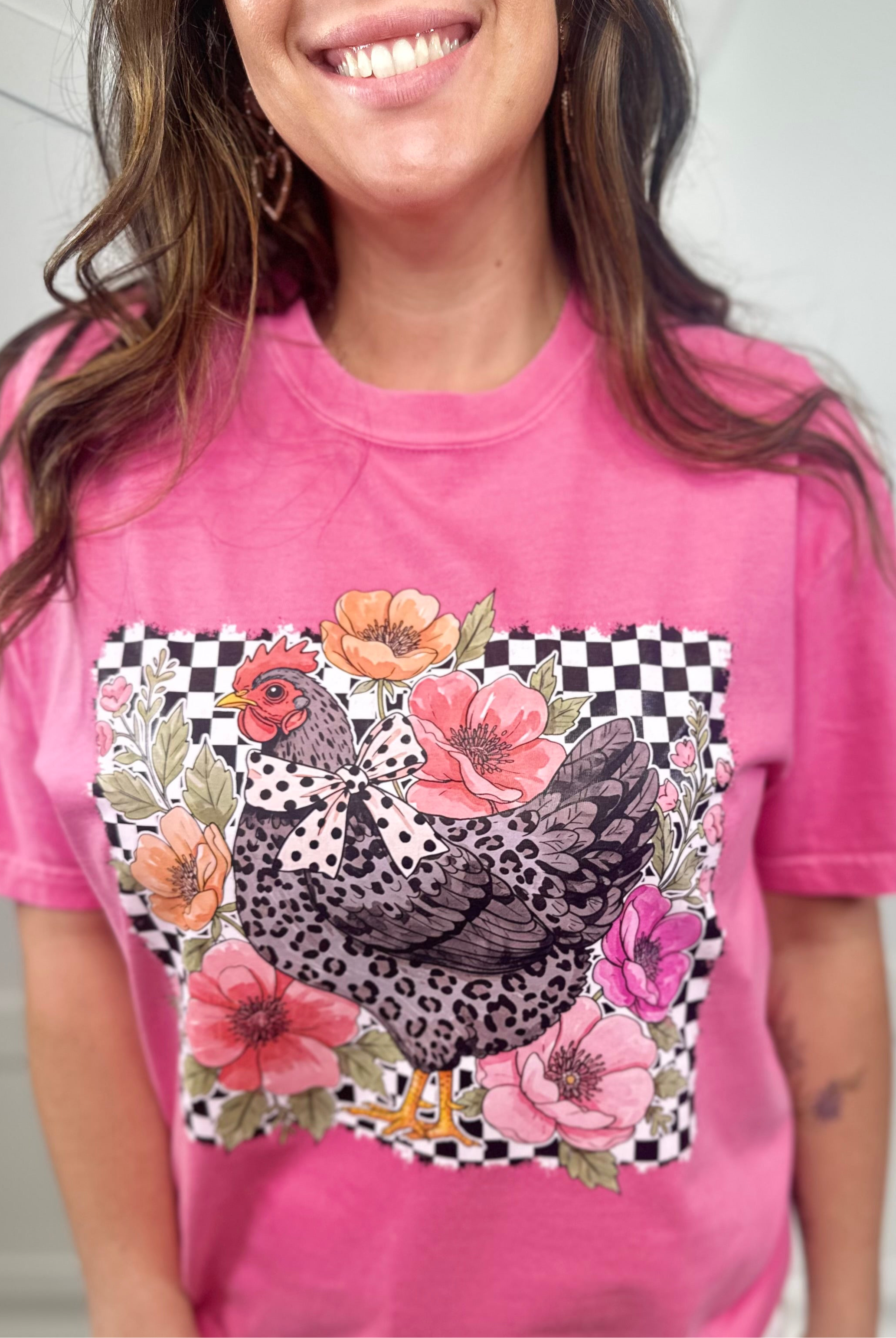 Checkered Chicken Graphic Tee-130 Graphic Tees-Heathered Boho-Heathered Boho Boutique, Women's Fashion and Accessories in Palmetto, FL