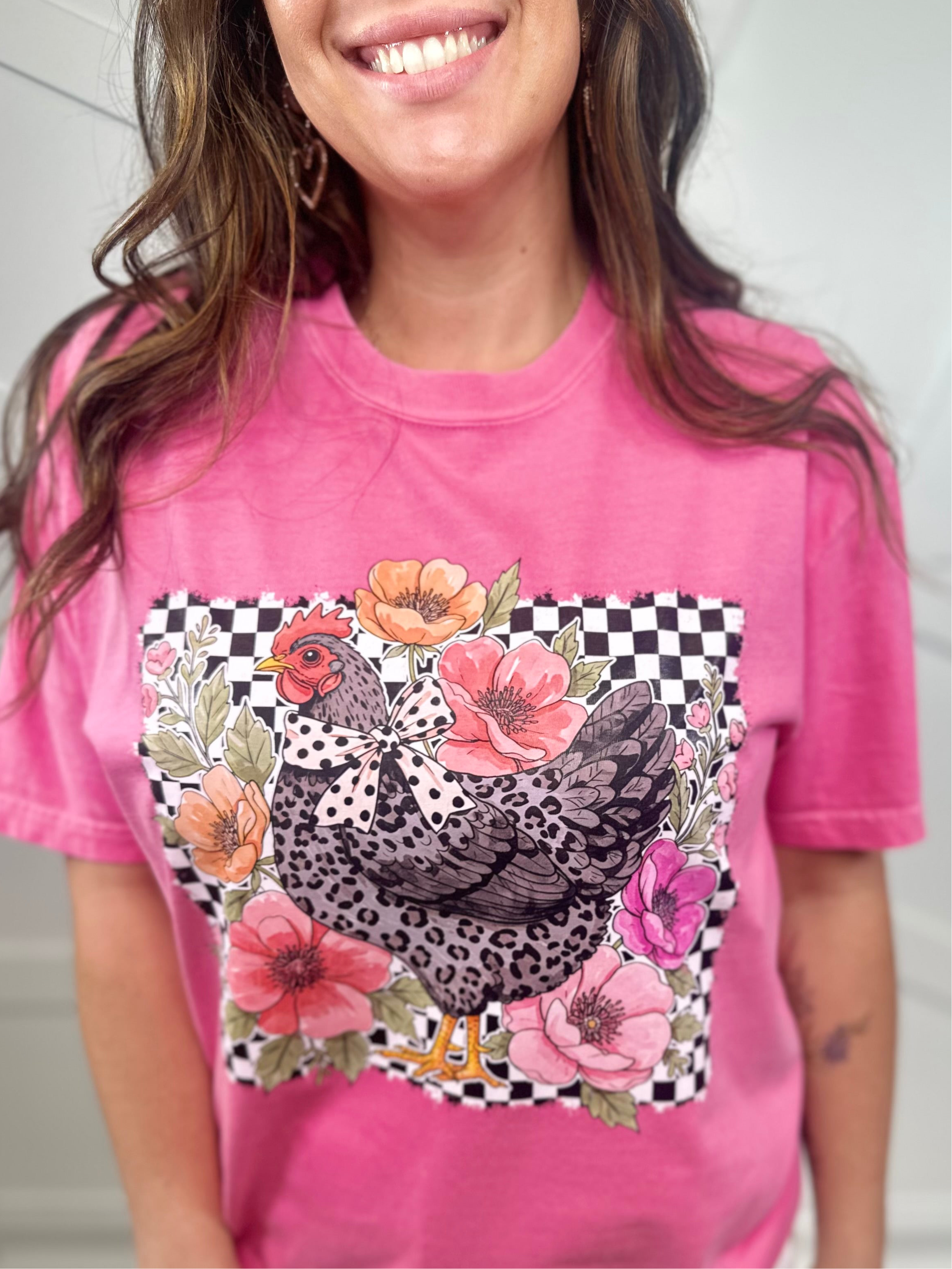 Checkered Chicken Graphic Tee-130 Graphic Tees-Heathered Boho-Heathered Boho Boutique, Women's Fashion and Accessories in Palmetto, FL