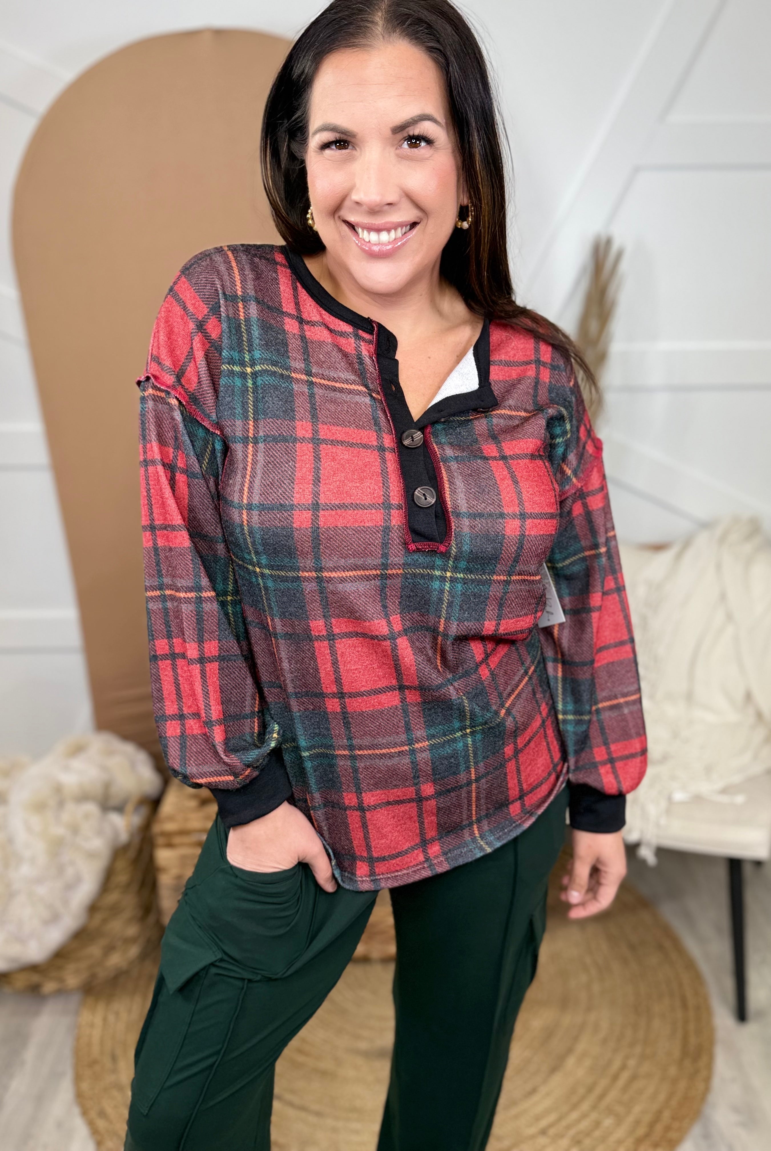 Gladly Plaid Long Sleeve Top-120 LONG SLEEVE TOPS-Heimish-Heathered Boho Boutique, Women's Fashion and Accessories in Palmetto, FL