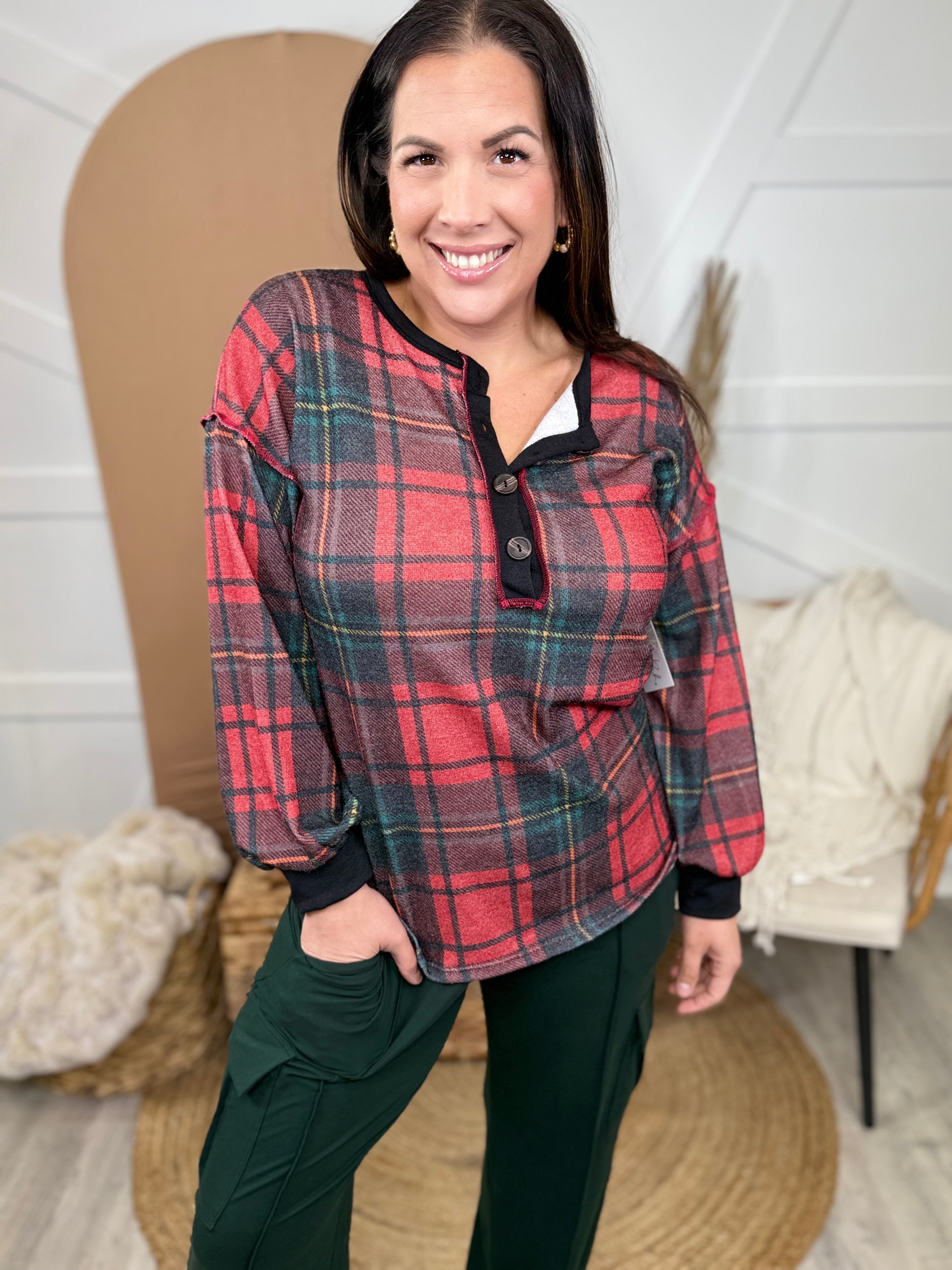 Gladly Plaid Long Sleeve Top-120 LONG SLEEVE TOPS-Heimish-Heathered Boho Boutique, Women's Fashion and Accessories in Palmetto, FL