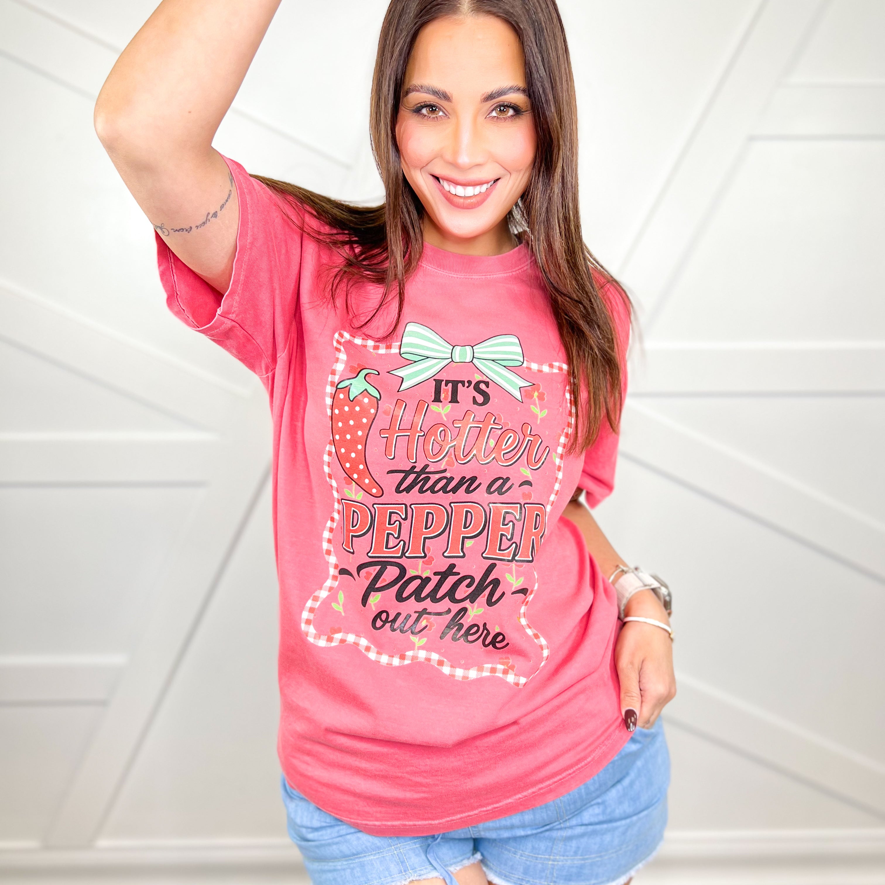 Hotter Than a Pepper Patch Graphic Tee-130 Graphic Tees-Heathered Boho-Heathered Boho Boutique, Women's Fashion and Accessories in Palmetto, FL