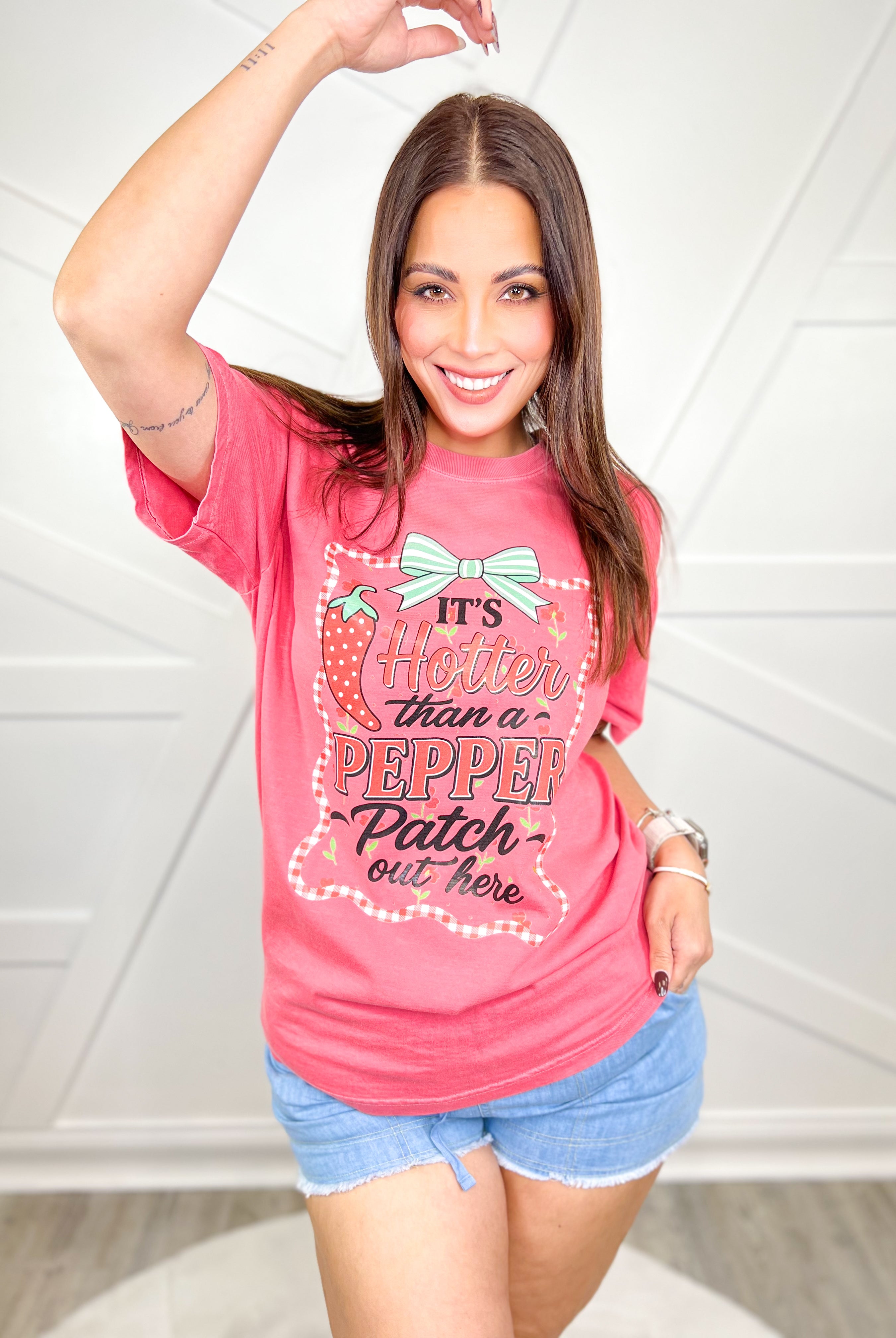 Hotter Than a Pepper Patch Graphic Tee-130 Graphic Tees-Heathered Boho-Heathered Boho Boutique, Women's Fashion and Accessories in Palmetto, FL