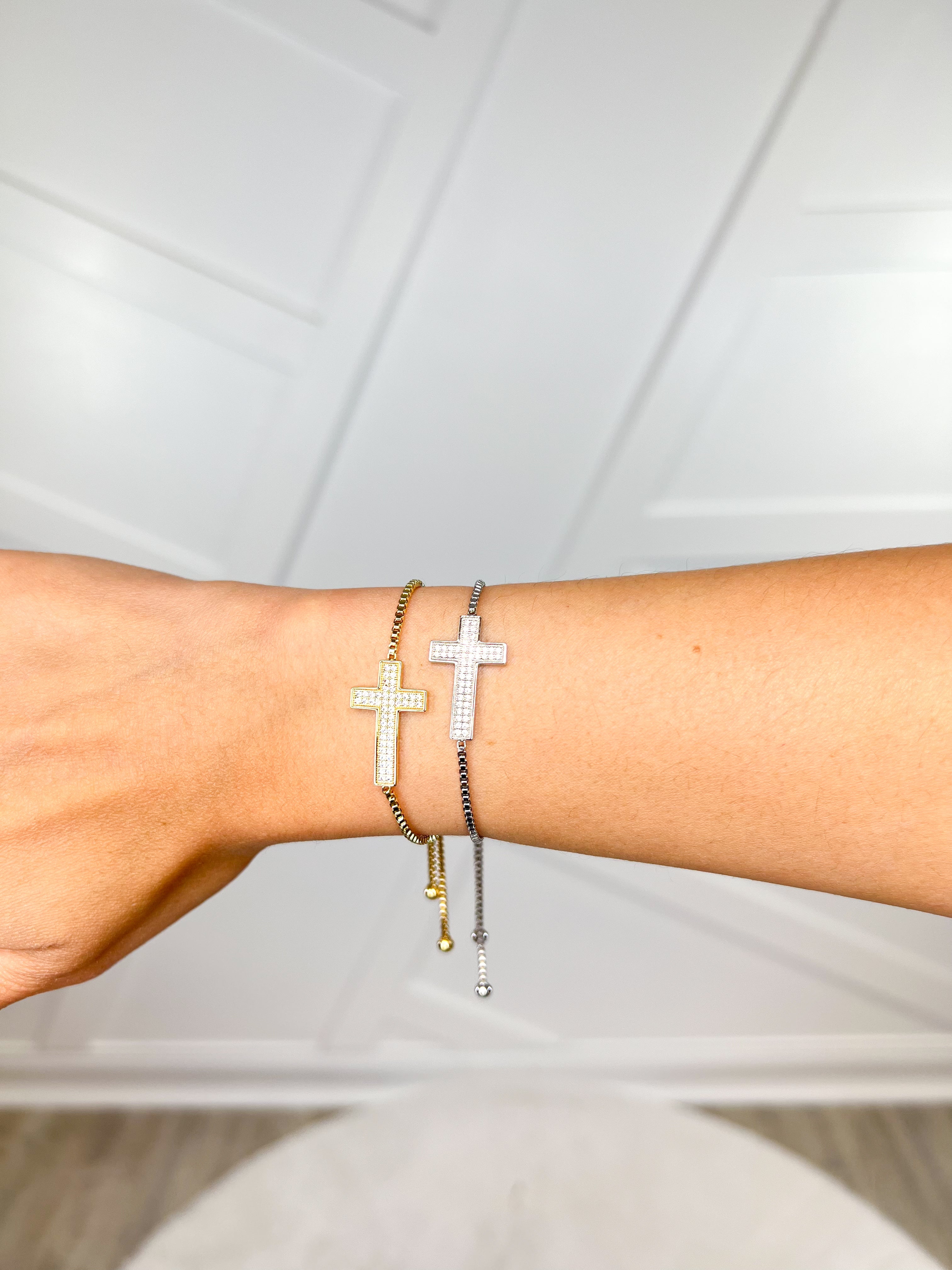 RESTOCK: CZ Thick Cross Slide Bracelet-310 Jewelry-Joseph Anthony NY, Inc-Heathered Boho Boutique, Women's Fashion and Accessories in Palmetto, FL