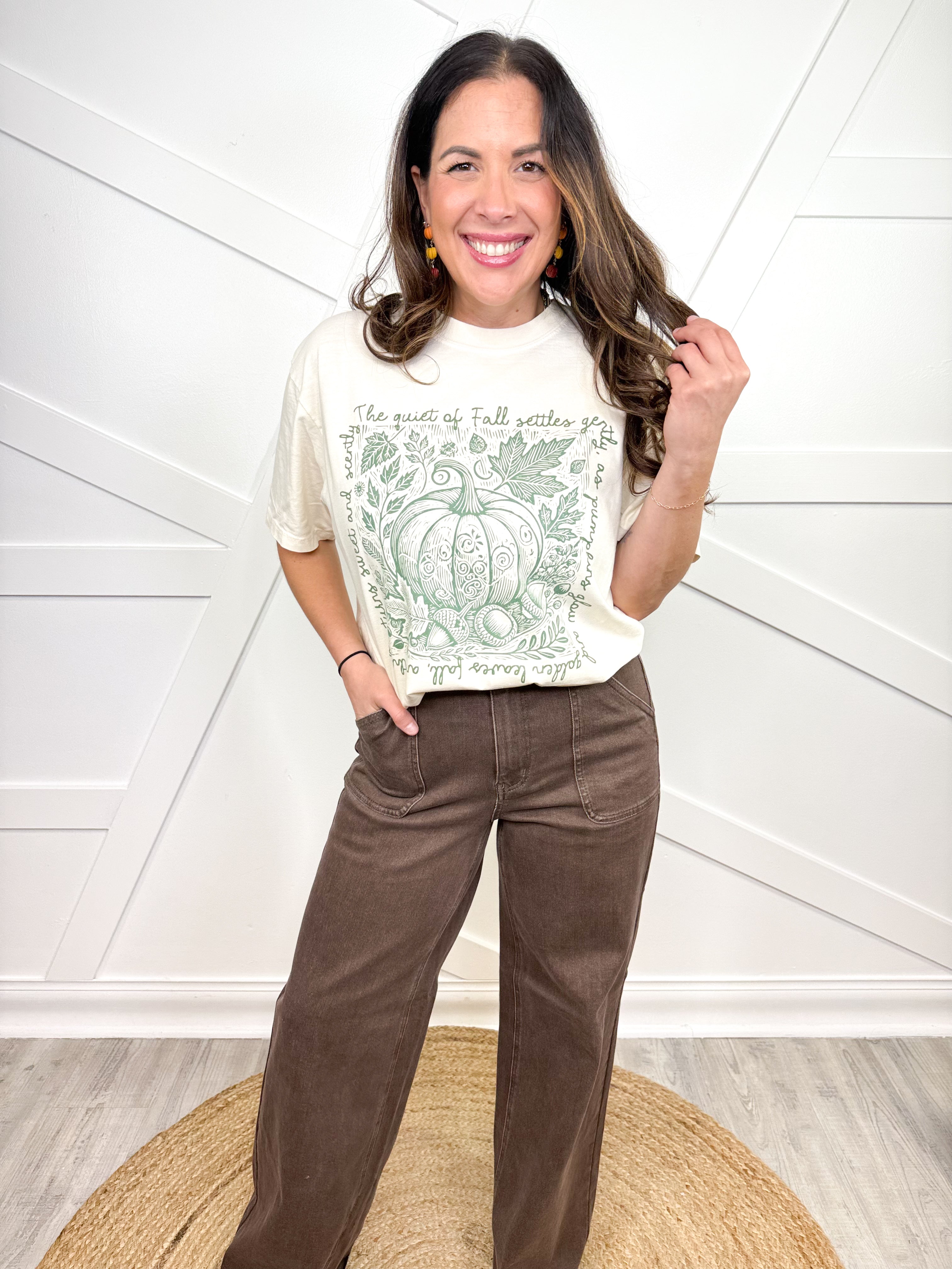 Pumpkin Sketch (Green Text) Graphic Tee-130 Graphic Tees-Heathered Boho-Heathered Boho Boutique, Women's Fashion and Accessories in Palmetto, FL