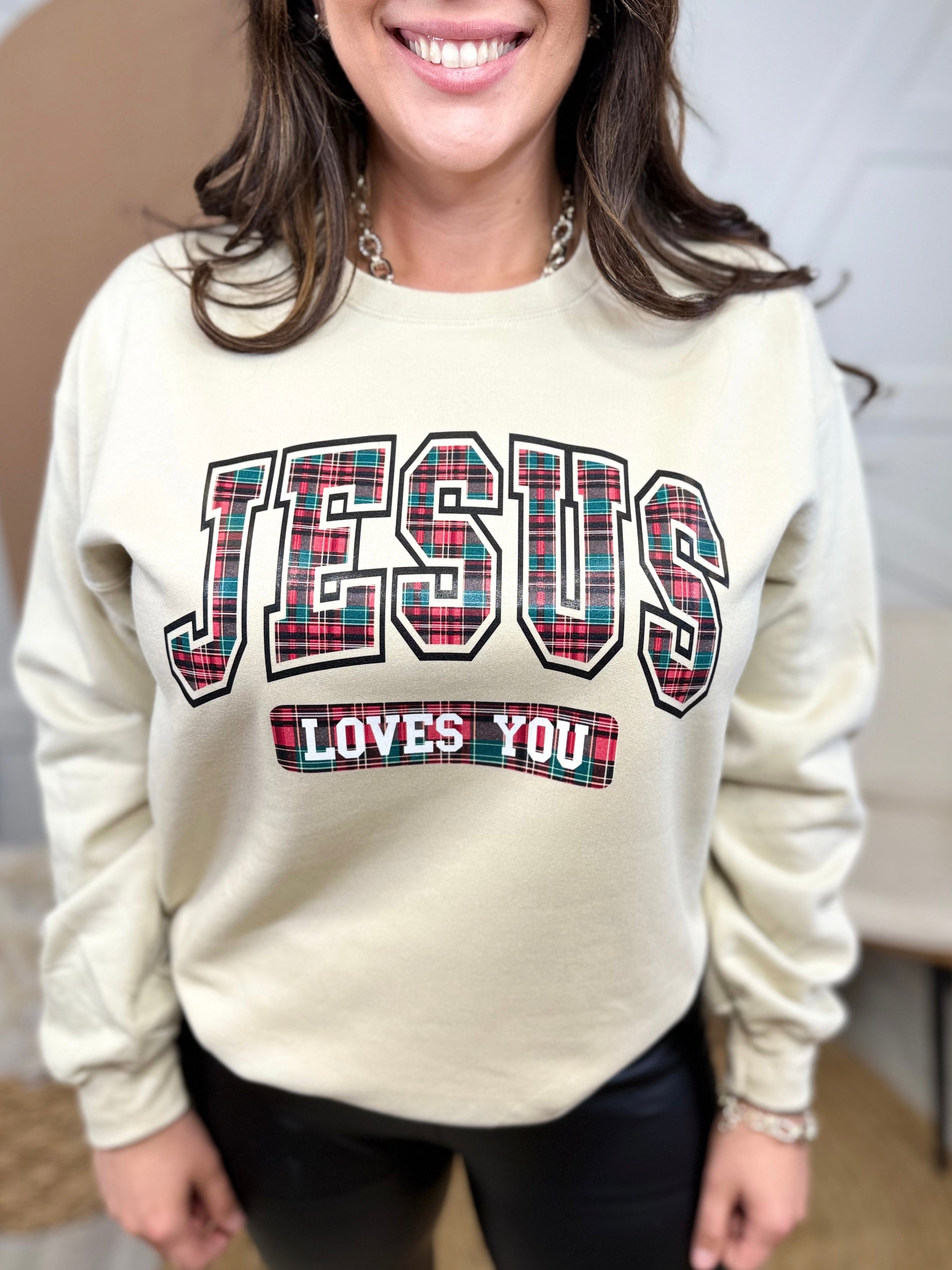 Jesus Loves You Graphic Sweatshirt-130 Graphic Tees-Heathered Boho-Heathered Boho Boutique, Women's Fashion and Accessories in Palmetto, FL