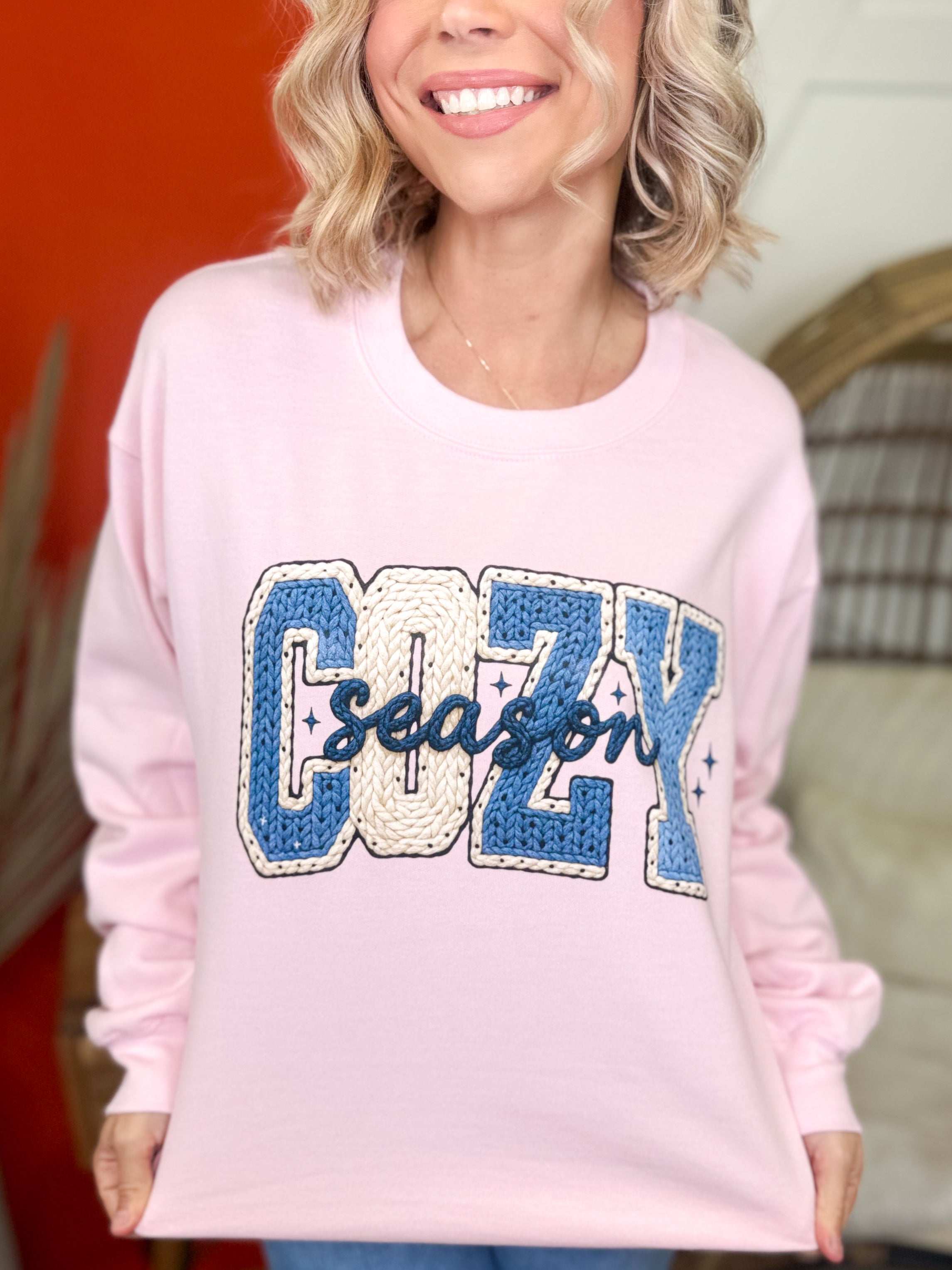 Crochet Cozy Season Graphic Sweatshirt-Light Pink-130 Graphic Tees-Heathered Boho-Heathered Boho Boutique, Women's Fashion and Accessories in Palmetto, FL