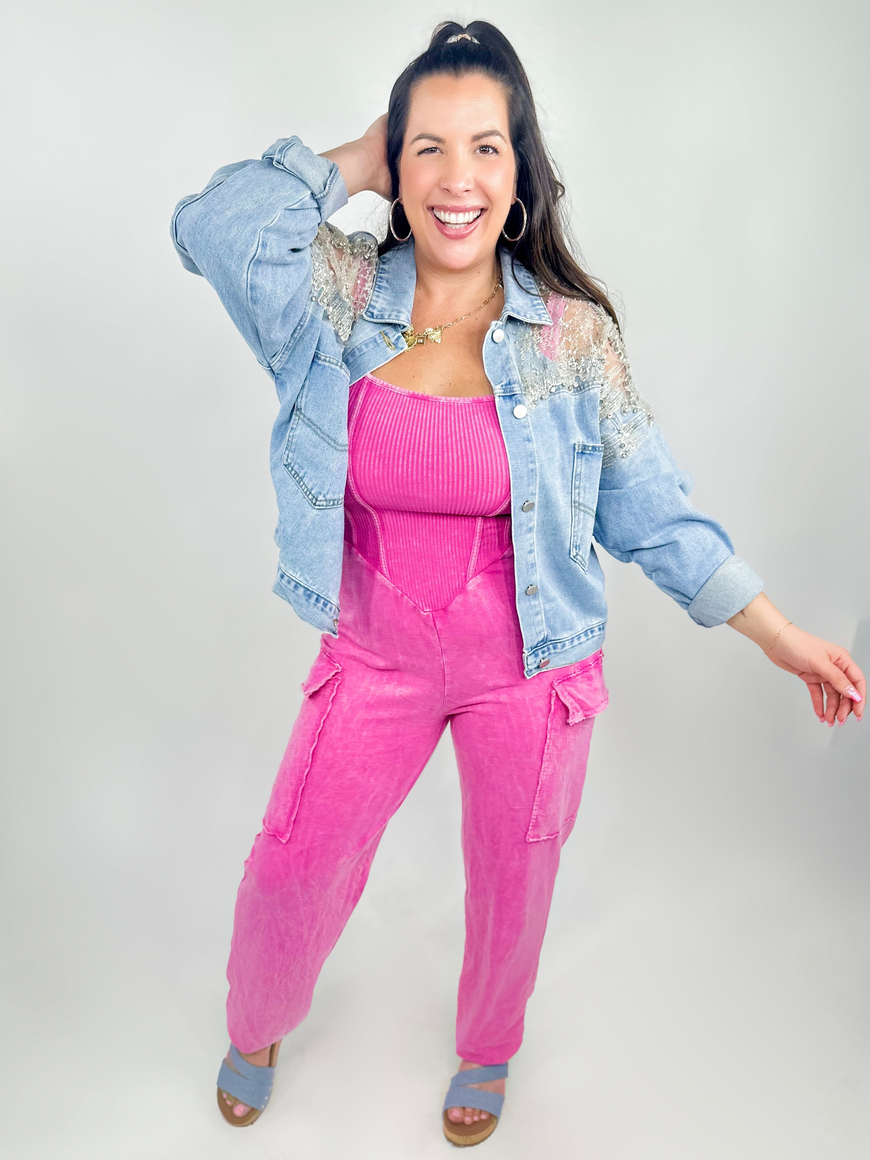 Hot Pink Super Waist Snatcher Mineral Wash Jumpsuit-230 Dresses/Jumpsuits/Rompers-J. Her-Heathered Boho Boutique, Women's Fashion and Accessories in Palmetto, FL