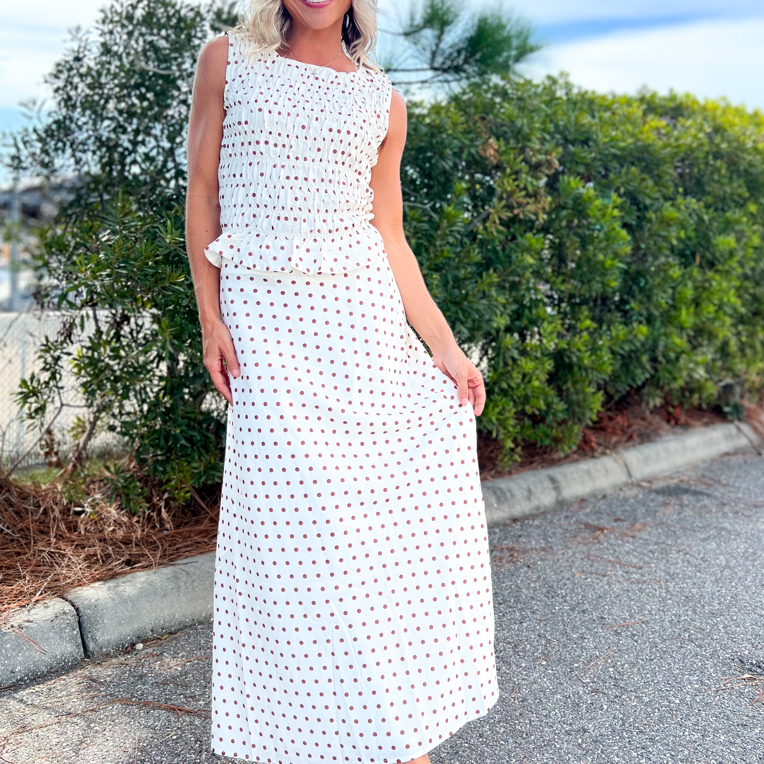 The Dotty Darling Midi Skirt-170 SKORTS/SKIRTS-POLAGRAM-Heathered Boho Boutique, Women's Fashion and Accessories in Palmetto, FL