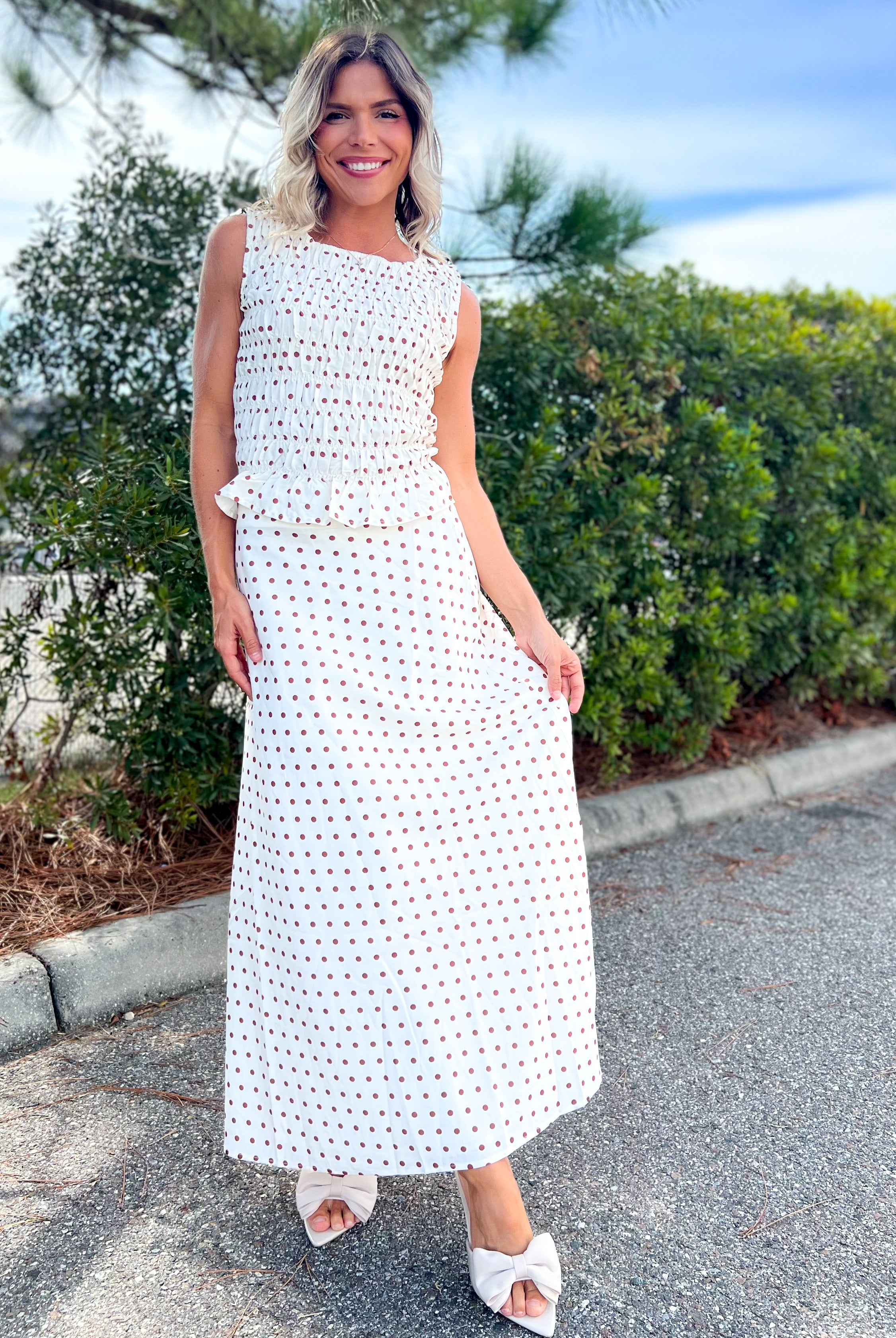The Dotty Darling Midi Skirt-170 SKORTS/SKIRTS-POLAGRAM-Heathered Boho Boutique, Women's Fashion and Accessories in Palmetto, FL
