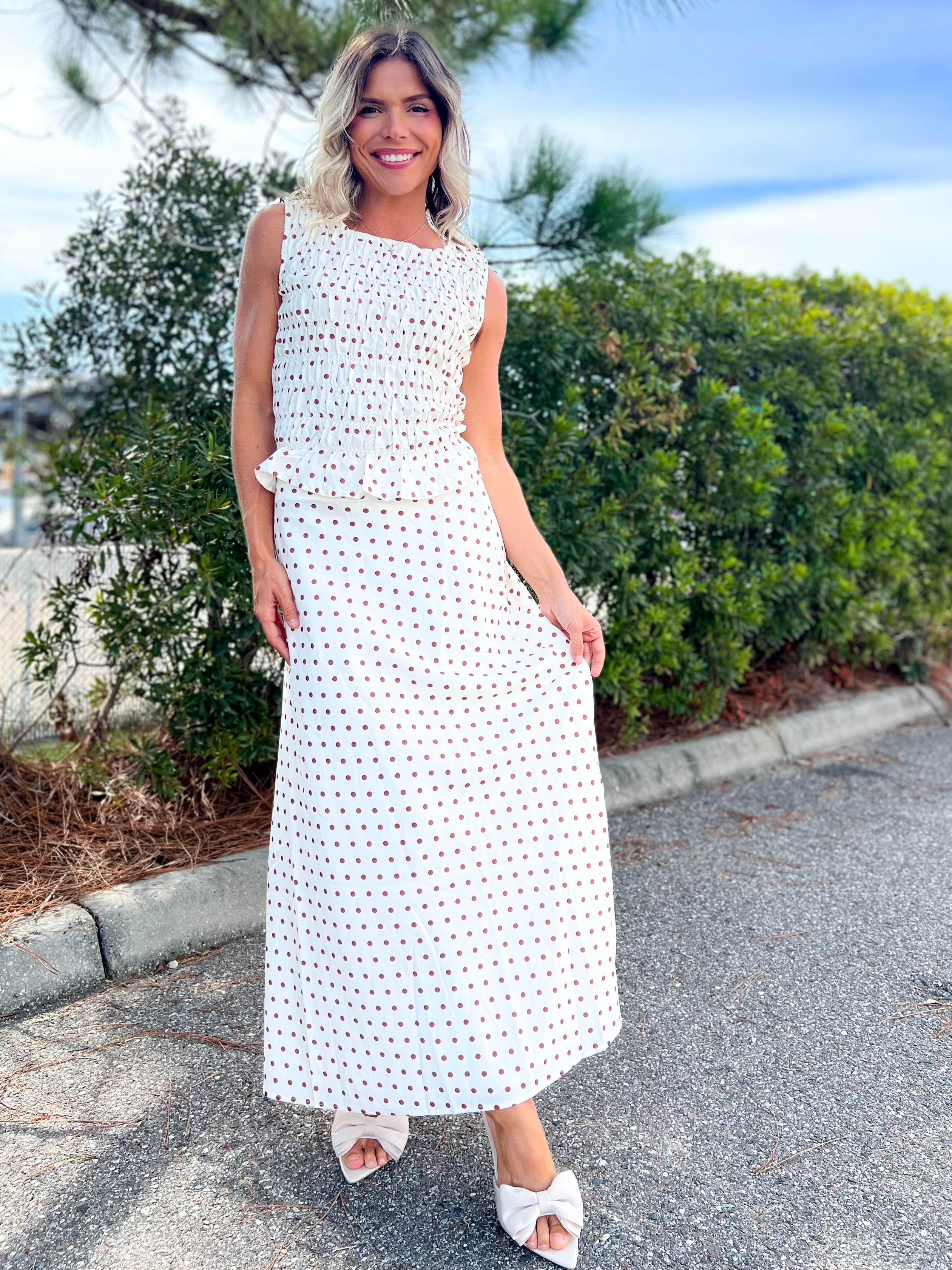 The Dotty Darling Midi Skirt-170 SKORTS/SKIRTS-POLAGRAM-Heathered Boho Boutique, Women's Fashion and Accessories in Palmetto, FL