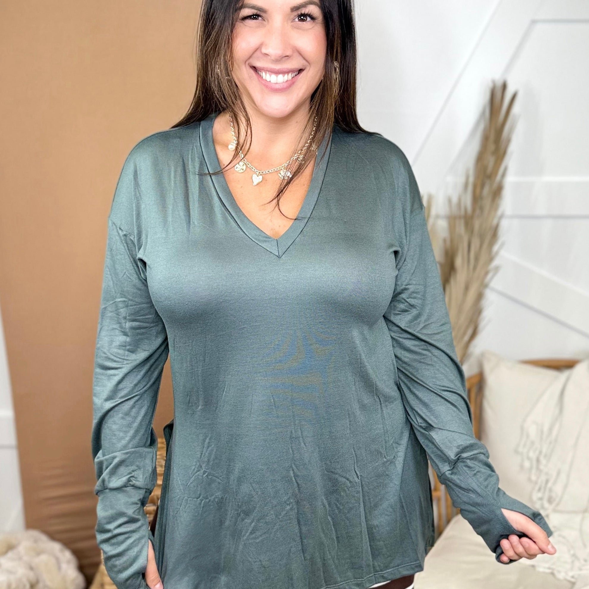 The New Bestie V-Neck Long Sleeve Top-Jade-120 Long Sleeve Tops-Heathered Boho-Heathered Boho Boutique, Women's Fashion and Accessories in Palmetto, FL