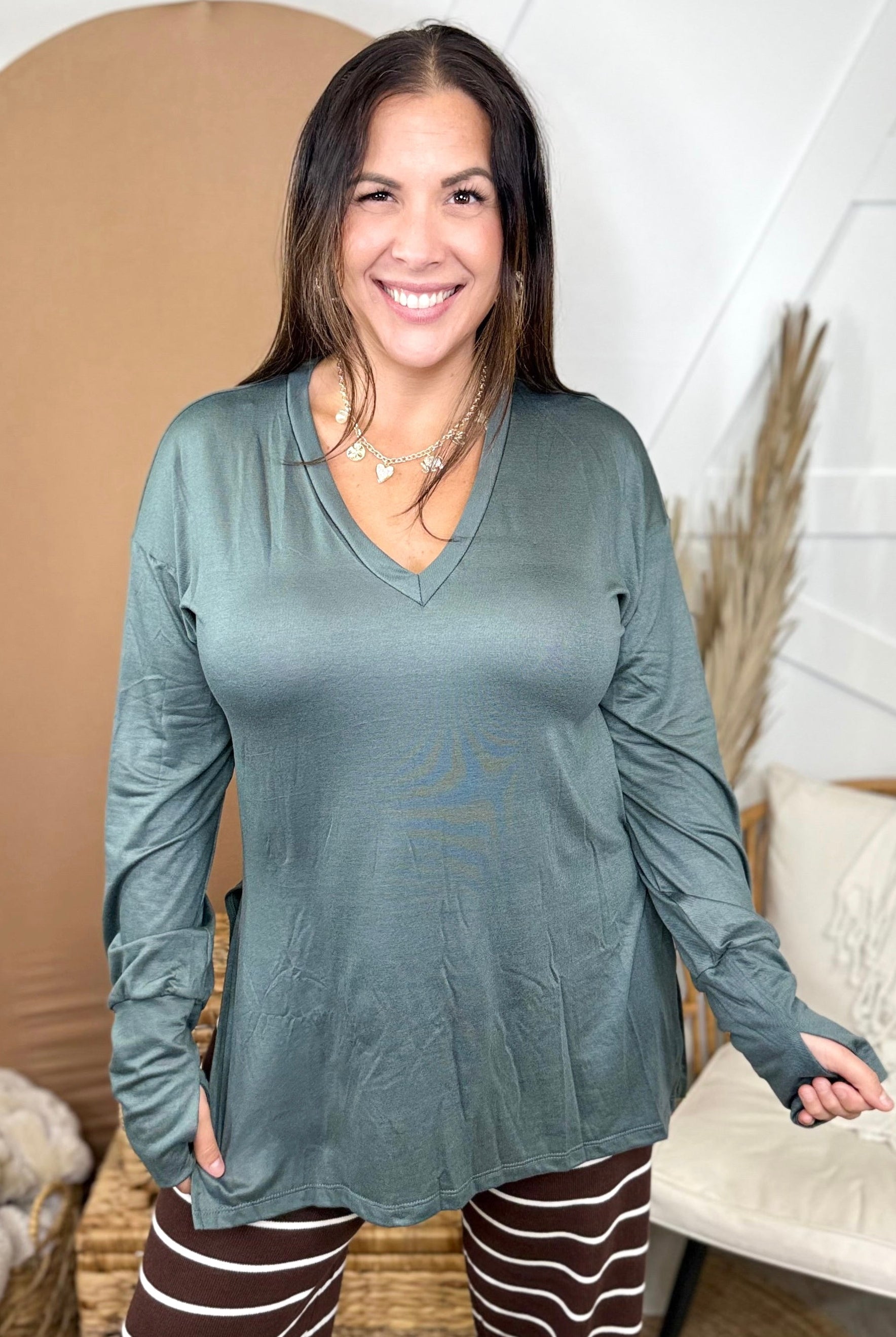 The New Bestie V-Neck Long Sleeve Top-Jade-120 Long Sleeve Tops-Heathered Boho-Heathered Boho Boutique, Women's Fashion and Accessories in Palmetto, FL