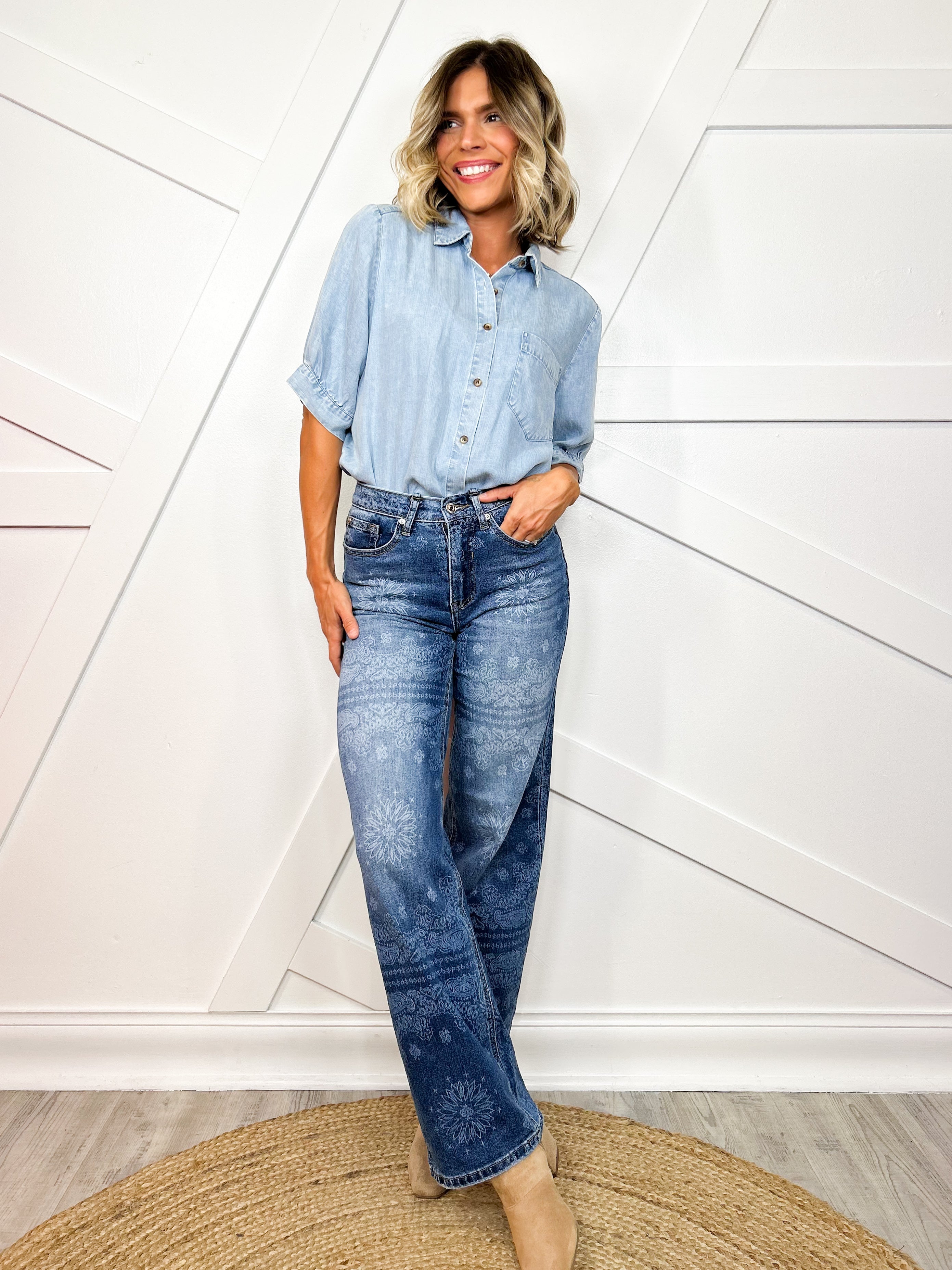 The Bluebell Bandana Straight Leg Jeans By Saige-190 JEANS-SAIGE DENIM-Heathered Boho Boutique, Women's Fashion and Accessories in Palmetto, FL