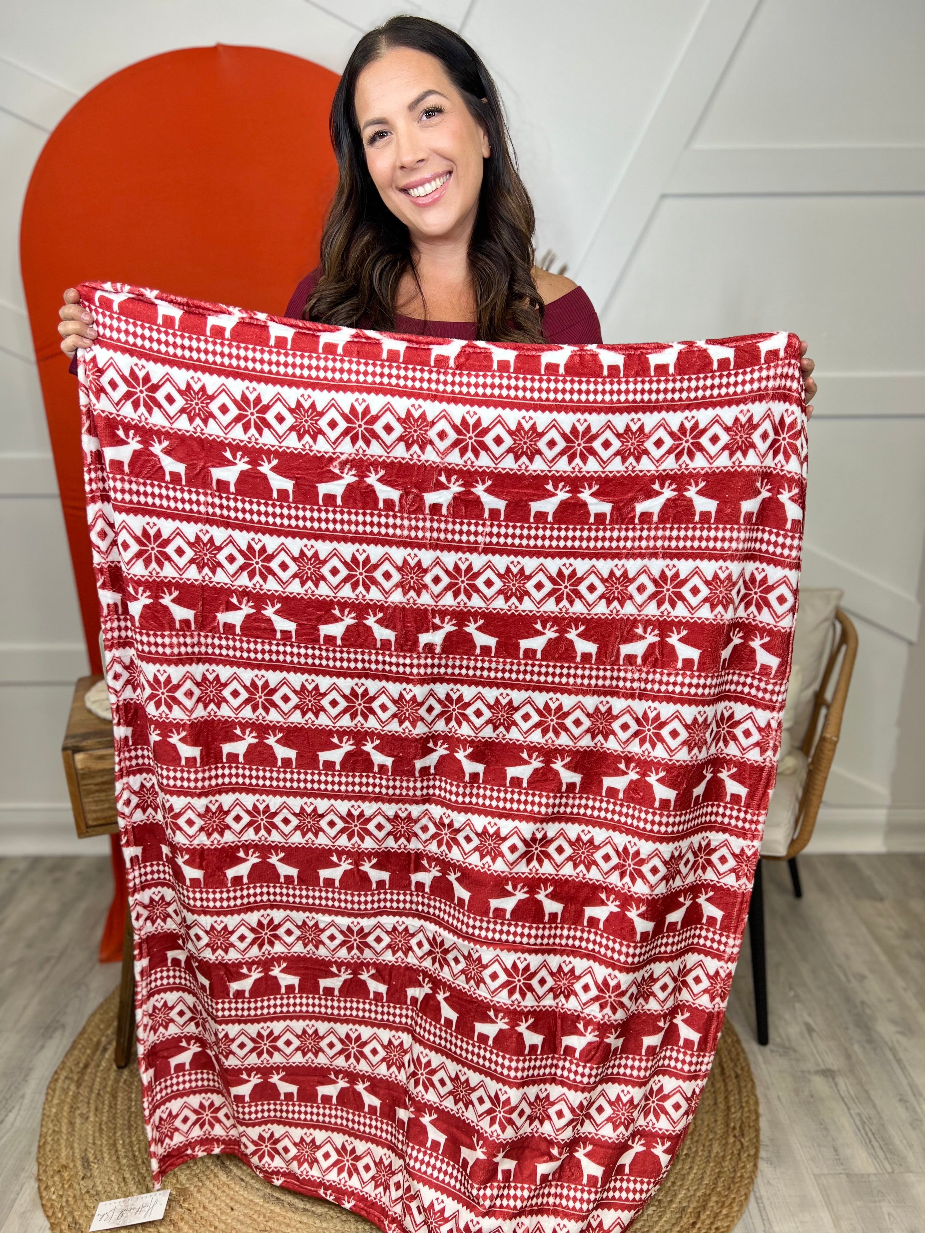 Red & White Reindeer Blanket-340 Other Accessories-Alibaba-Heathered Boho Boutique, Women's Fashion and Accessories in Palmetto, FL