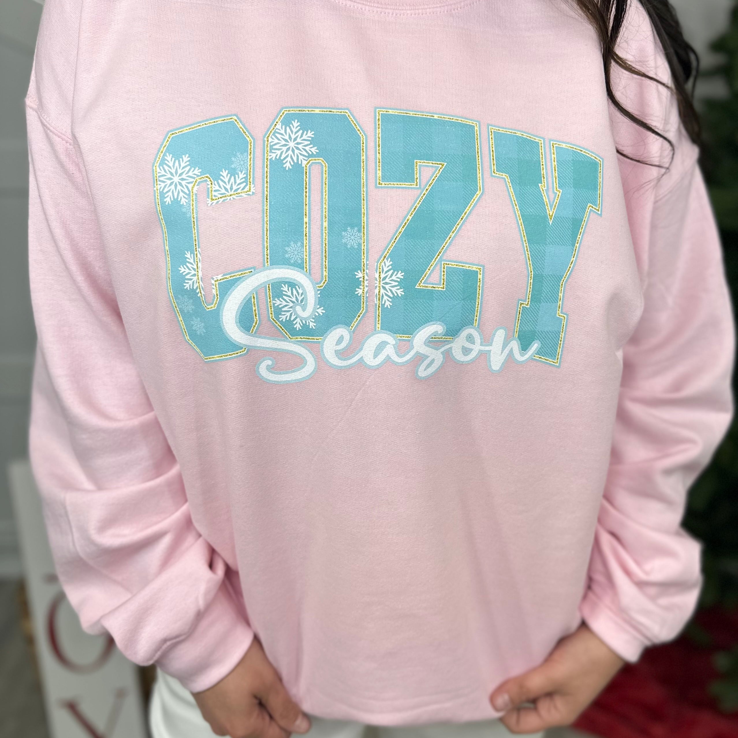Pink Cozy Season Graphic Sweatshirt-125 Sweater-Heathered Boho-Heathered Boho Boutique, Women's Fashion and Accessories in Palmetto, FL