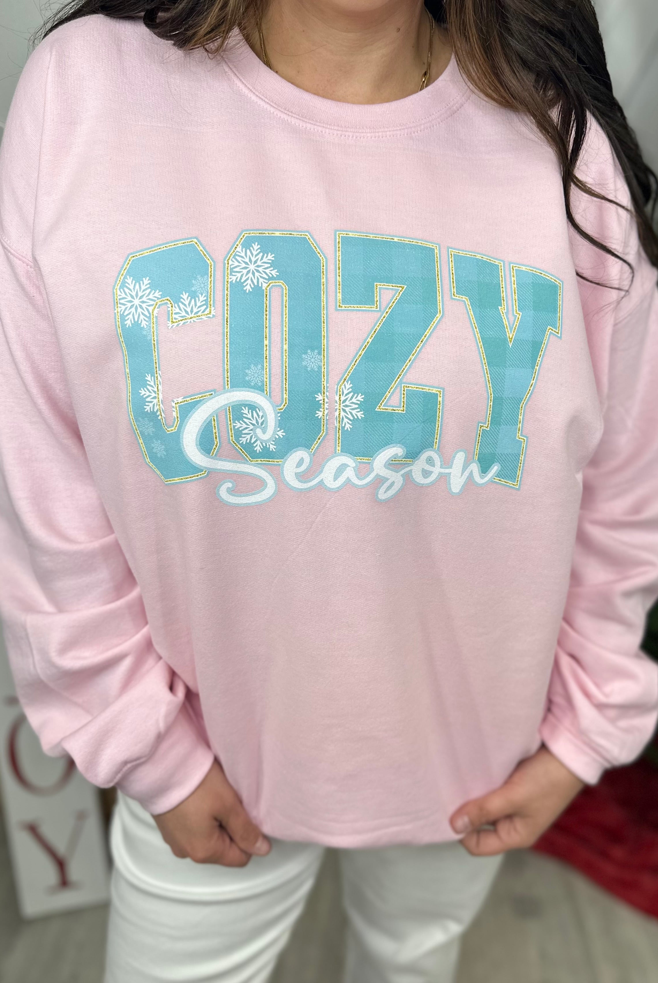 Pink Cozy Season Graphic Sweatshirt-125 Sweater-Heathered Boho-Heathered Boho Boutique, Women's Fashion and Accessories in Palmetto, FL