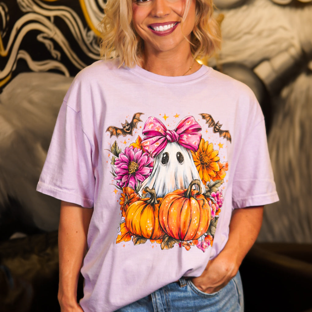 Girly Ghost With Bats Graphic Tee-130 Graphic Tees-Heathered Boho-Heathered Boho Boutique, Women's Fashion and Accessories in Palmetto, FL