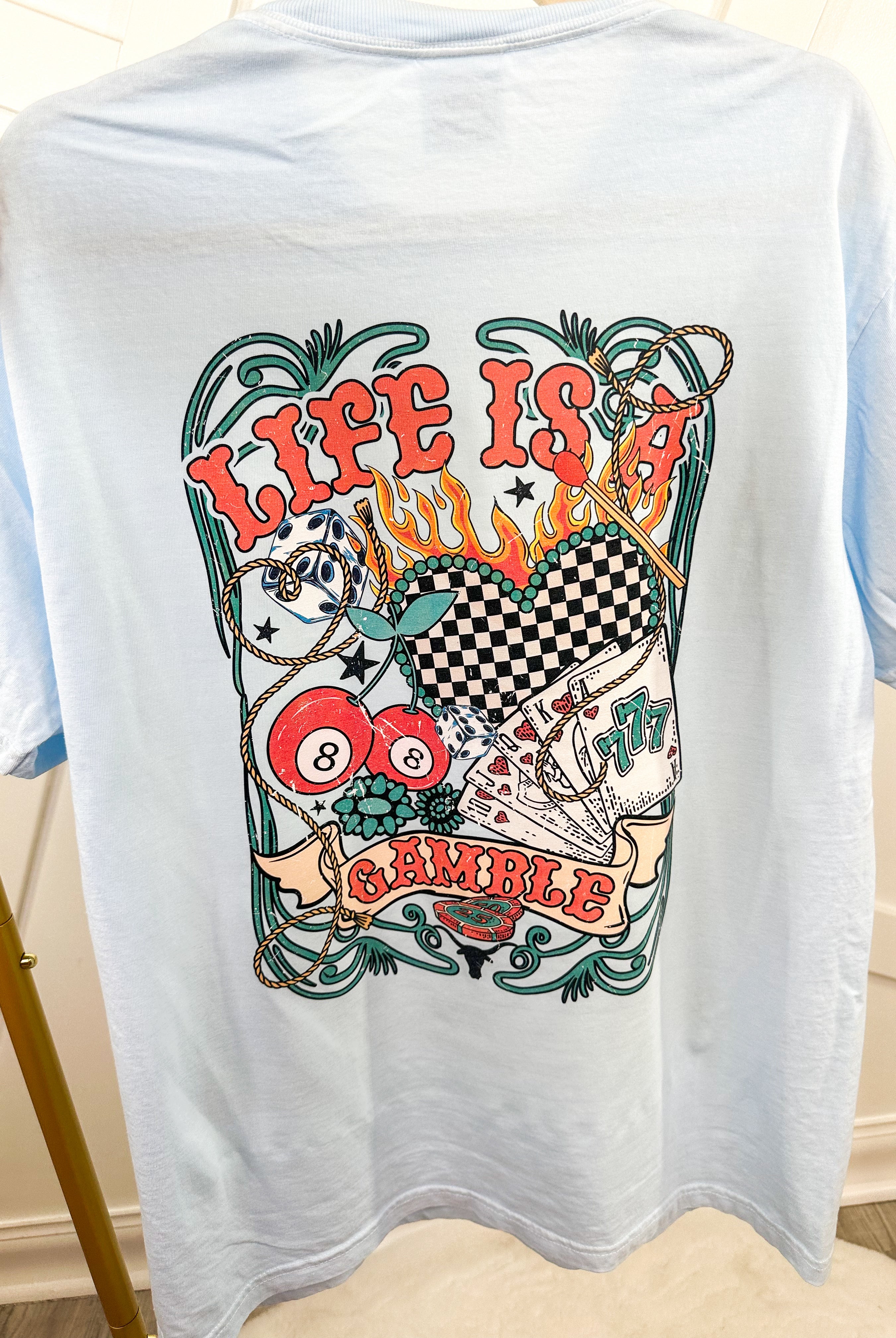 Life Is A Gamble Graphic Tee - Chambray-130 Graphic Tees-Heathered Boho-Heathered Boho Boutique, Women's Fashion and Accessories in Palmetto, FL