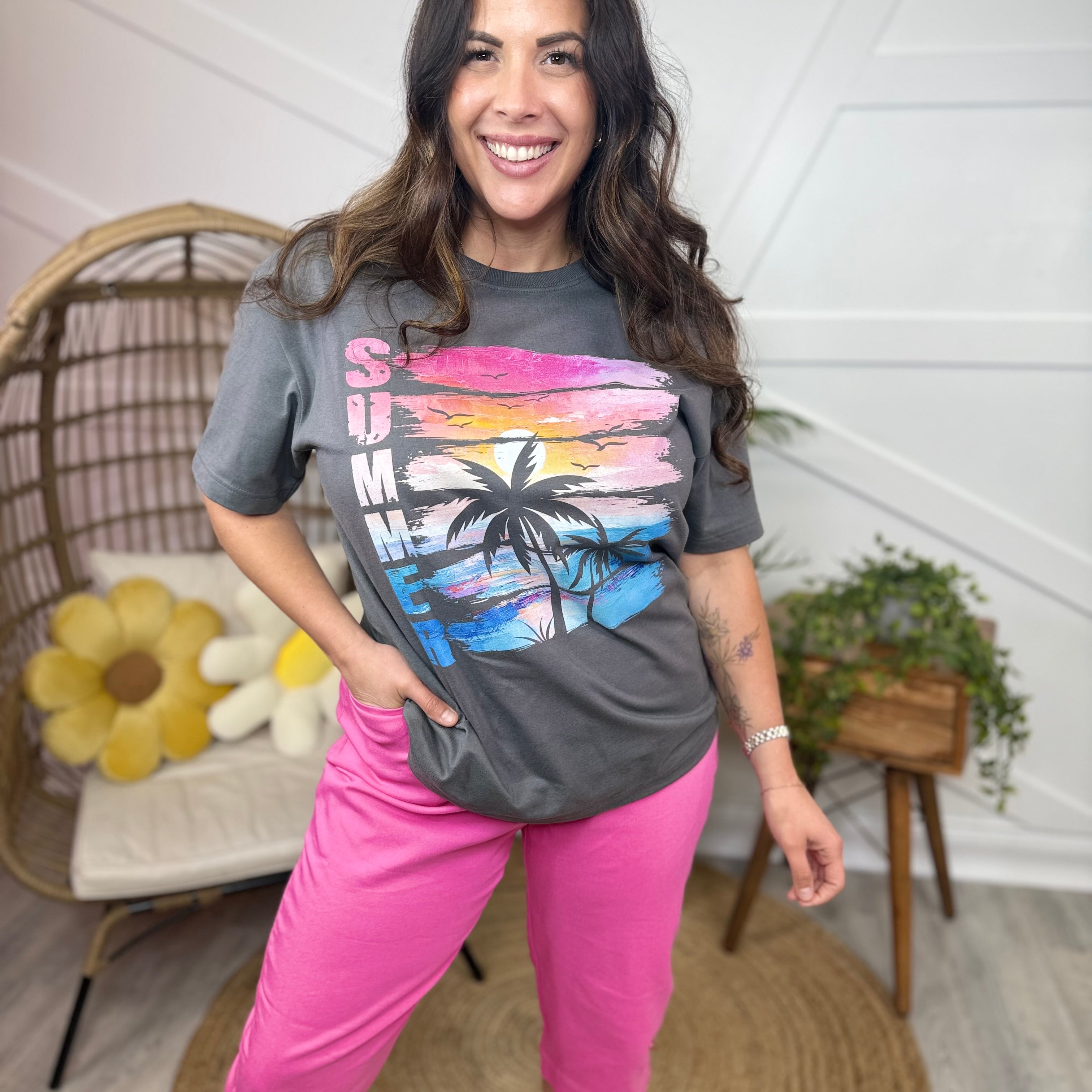 Retro Summer Sunset Palm Graphic Tee-Asphalt-130 Graphic Tees-Heathered Boho-Heathered Boho Boutique, Women's Fashion and Accessories in Palmetto, FL