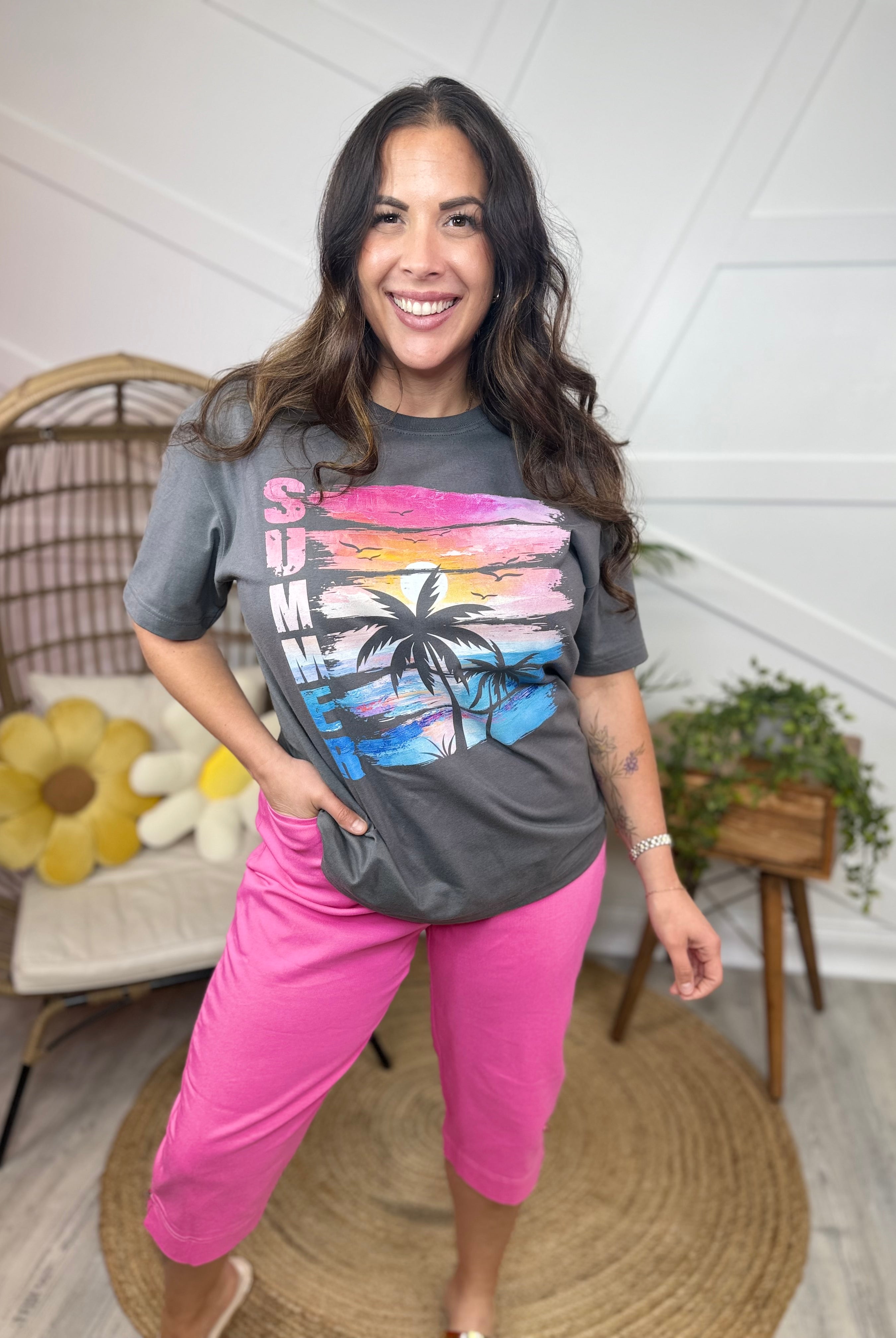 Retro Summer Sunset Palm Graphic Tee-Asphalt-130 Graphic Tees-Heathered Boho-Heathered Boho Boutique, Women's Fashion and Accessories in Palmetto, FL