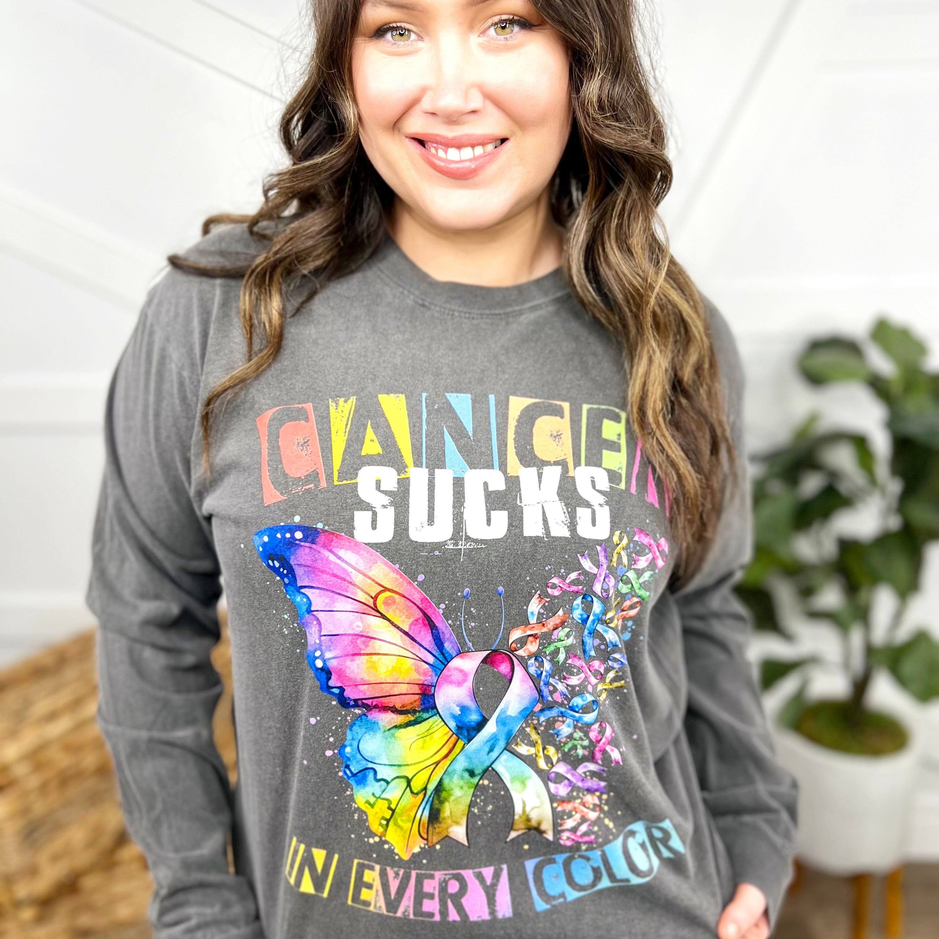 Cancer SUCKS in Every Color Long Sleeve Graphic Tee-120 Long Sleeve Tops-Heathered Boho-Heathered Boho Boutique, Women's Fashion and Accessories in Palmetto, FL
