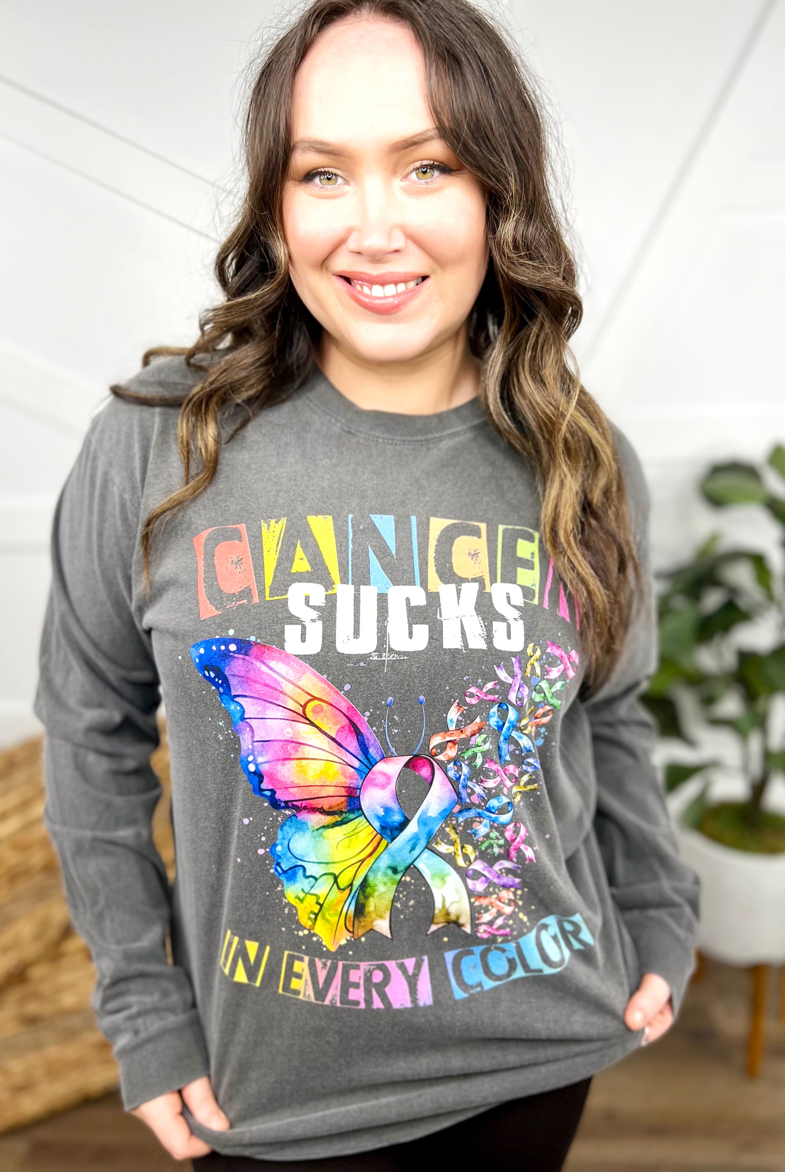 Cancer SUCKS in Every Color Long Sleeve Graphic Tee-120 Long Sleeve Tops-Heathered Boho-Heathered Boho Boutique, Women's Fashion and Accessories in Palmetto, FL