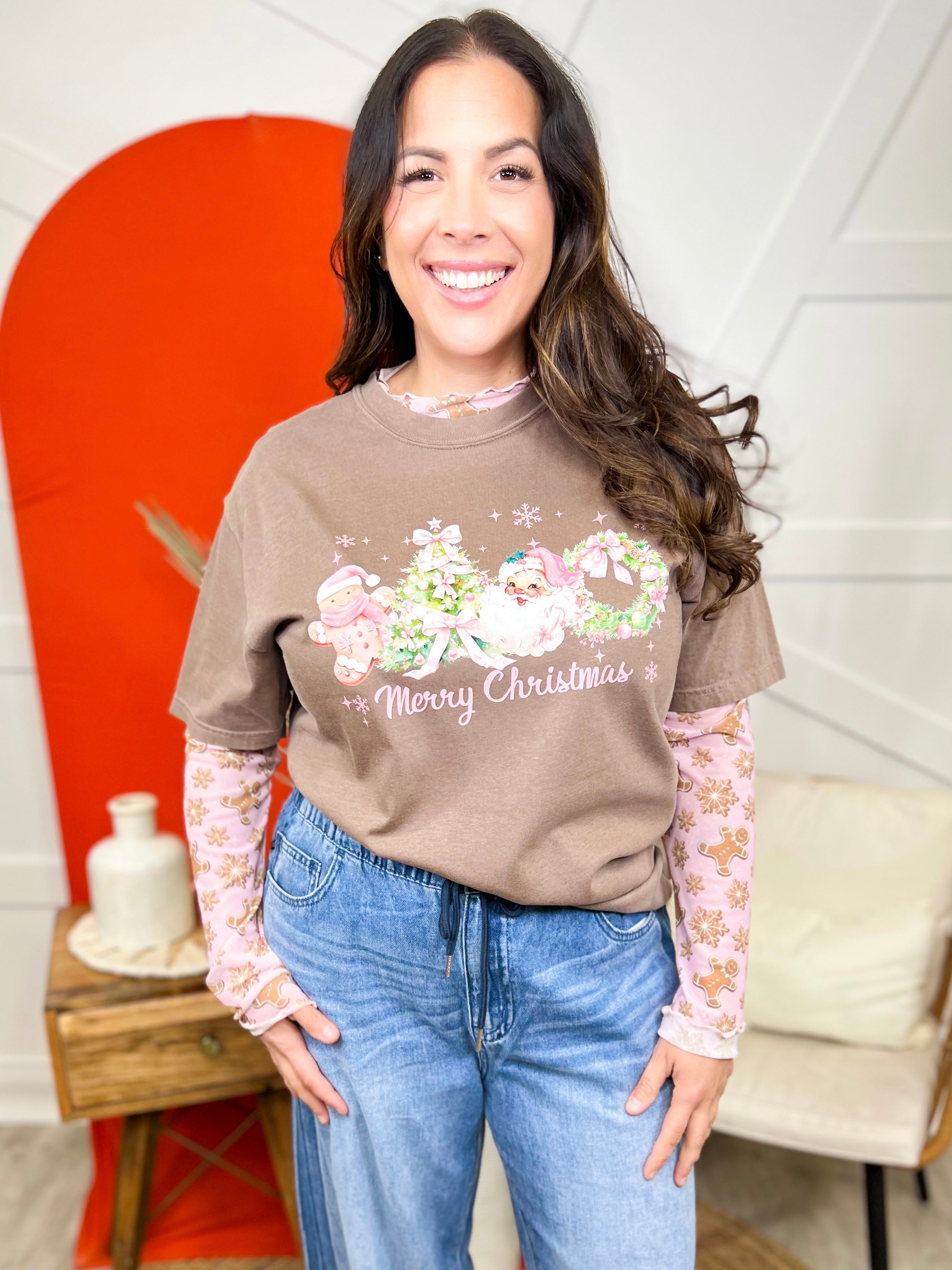 Pink Merry Christmas Graphic Shirt-125 Sweater-Heathered Boho-Heathered Boho Boutique, Women's Fashion and Accessories in Palmetto, FL