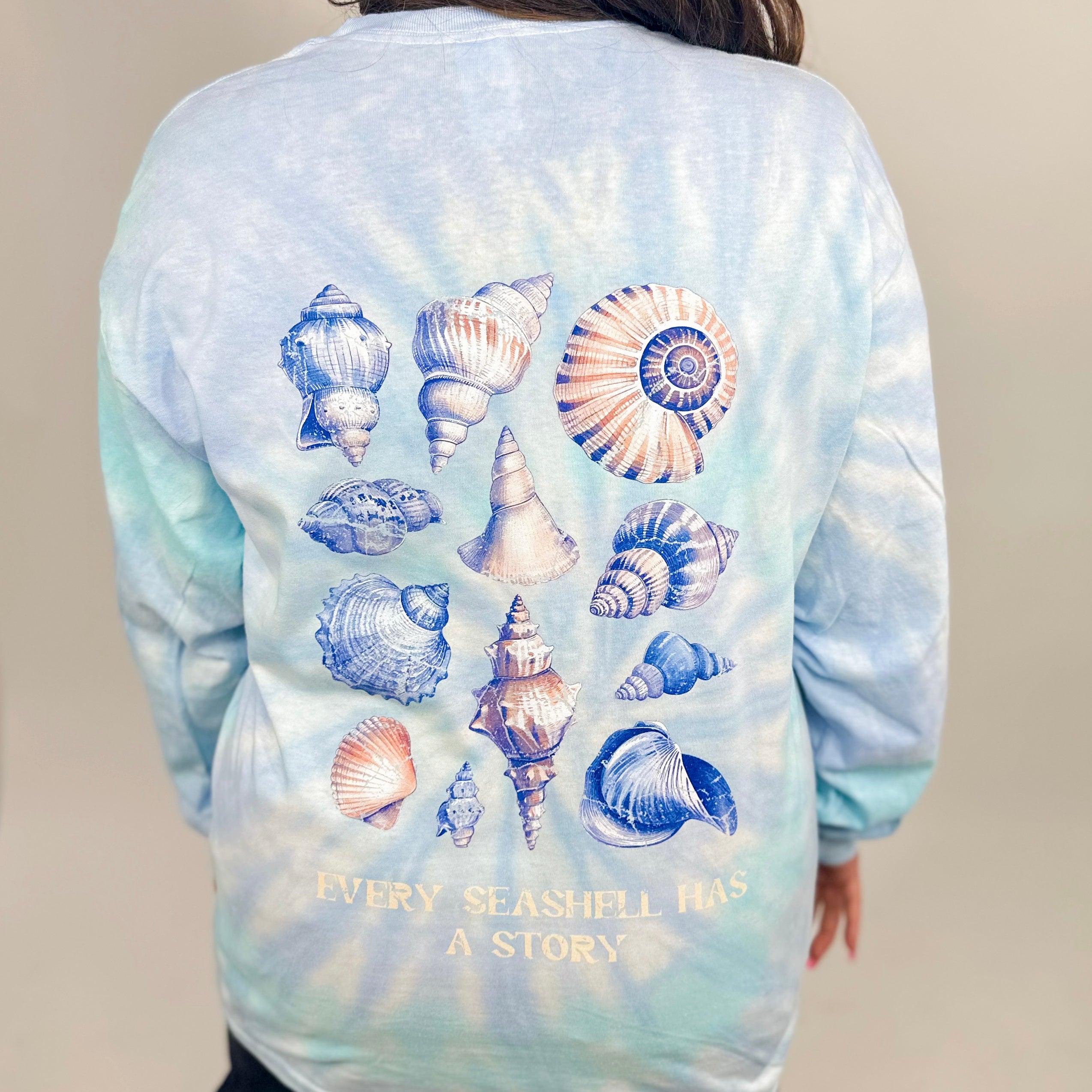 Every Seashell Has A Story Graphic Long Sleeve-120 Long Sleeve Tops-Heathered Boho-Heathered Boho Boutique, Women's Fashion and Accessories in Palmetto, FL