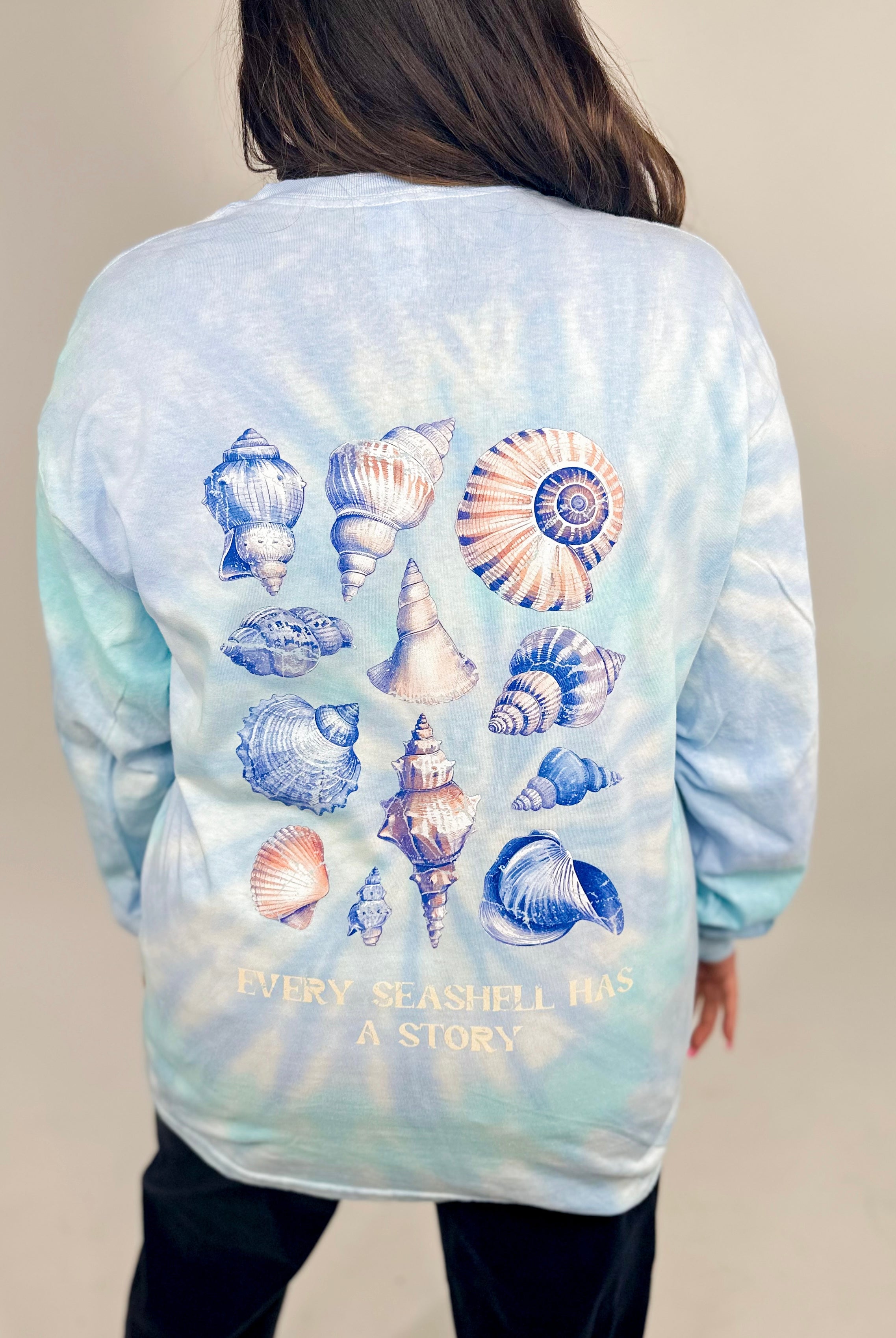 Every Seashell Has A Story Graphic Long Sleeve-120 Long Sleeve Tops-Heathered Boho-Heathered Boho Boutique, Women's Fashion and Accessories in Palmetto, FL