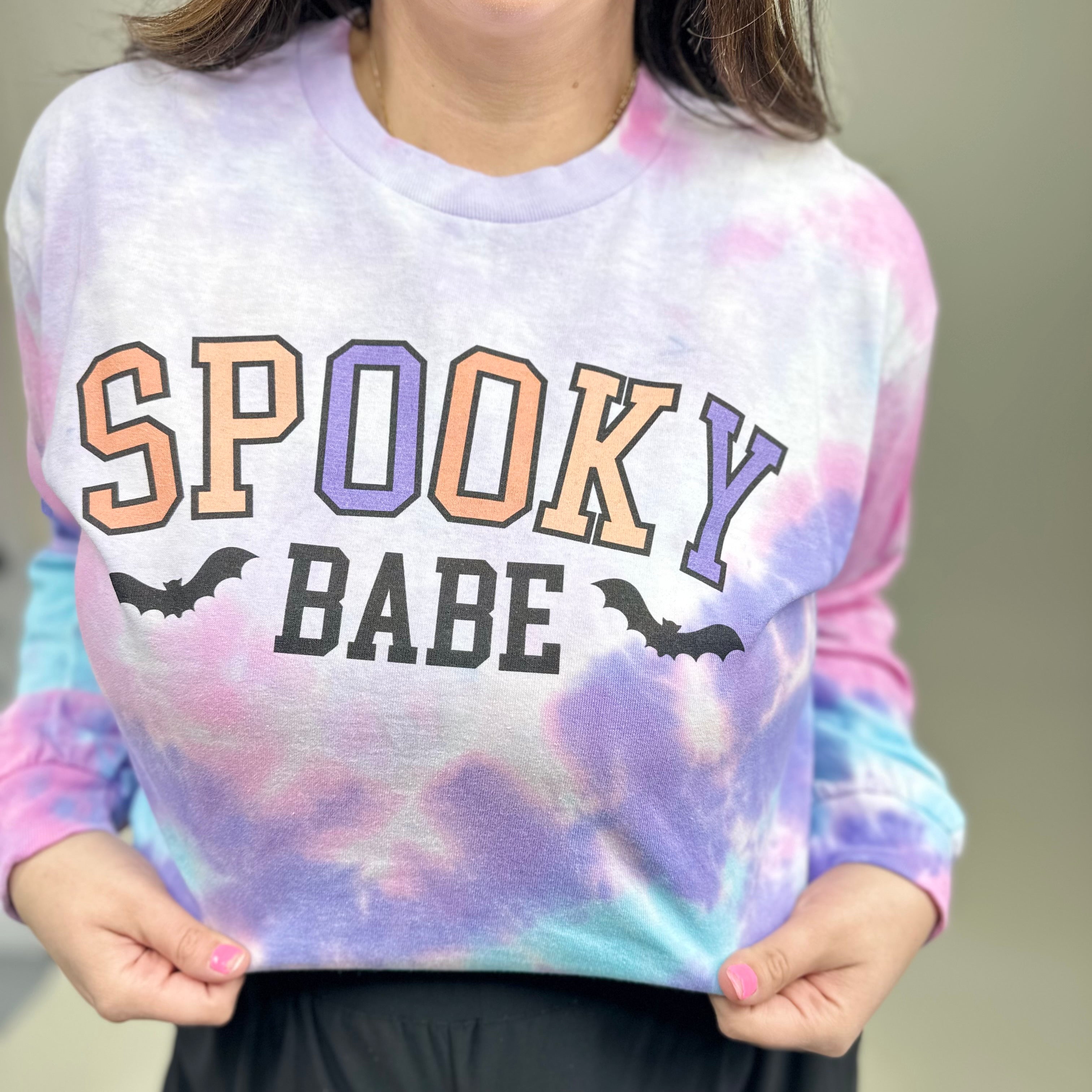 Tie Dye Spooky Babe Graphic Long Sleeve-120 Long Sleeve Tops-Heathered Boho-Heathered Boho Boutique, Women's Fashion and Accessories in Palmetto, FL