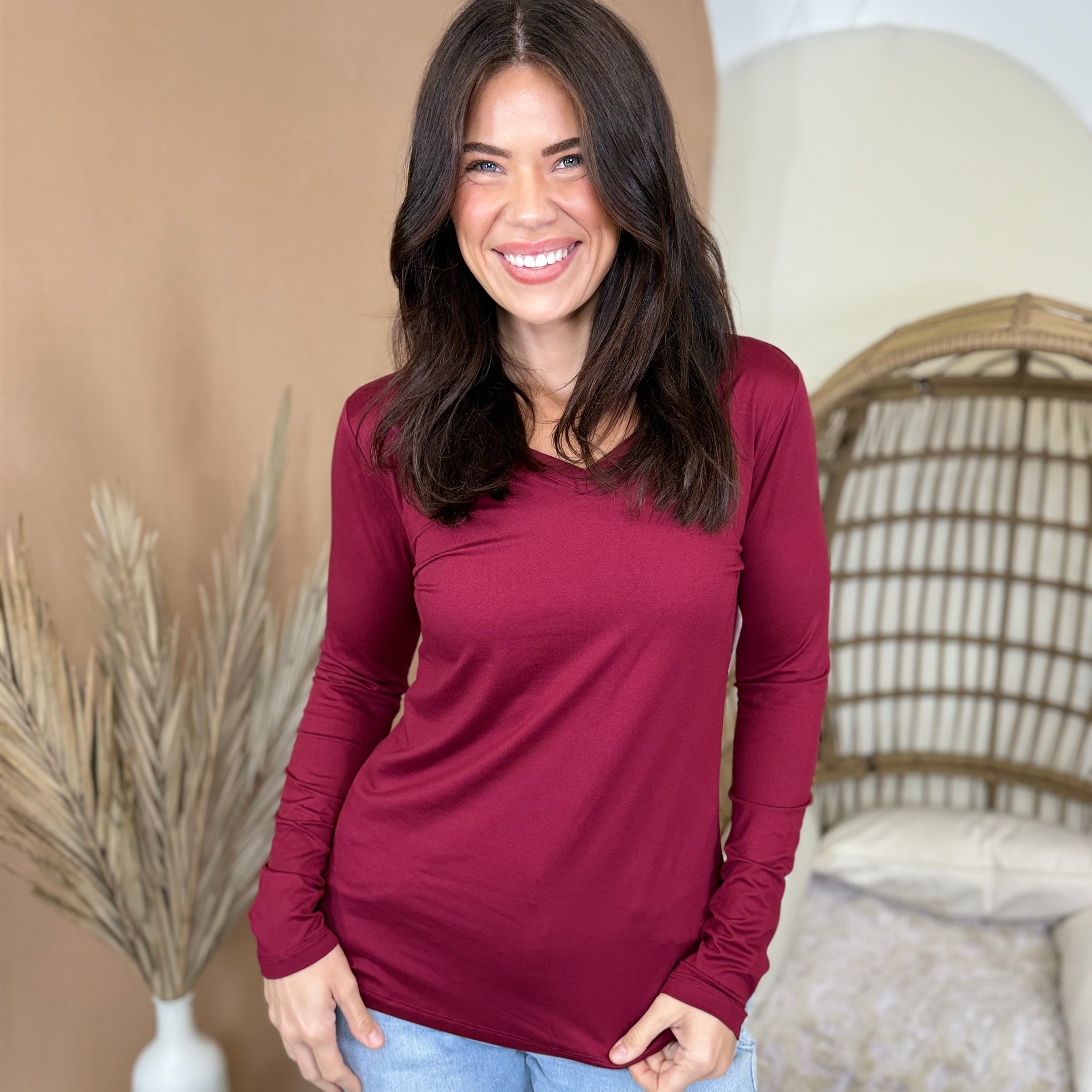 Gotta Have It V-Neck Top-120 LONG SLEEVE TOPS-ZENANA-Heathered Boho Boutique, Women's Fashion and Accessories in Palmetto, FL