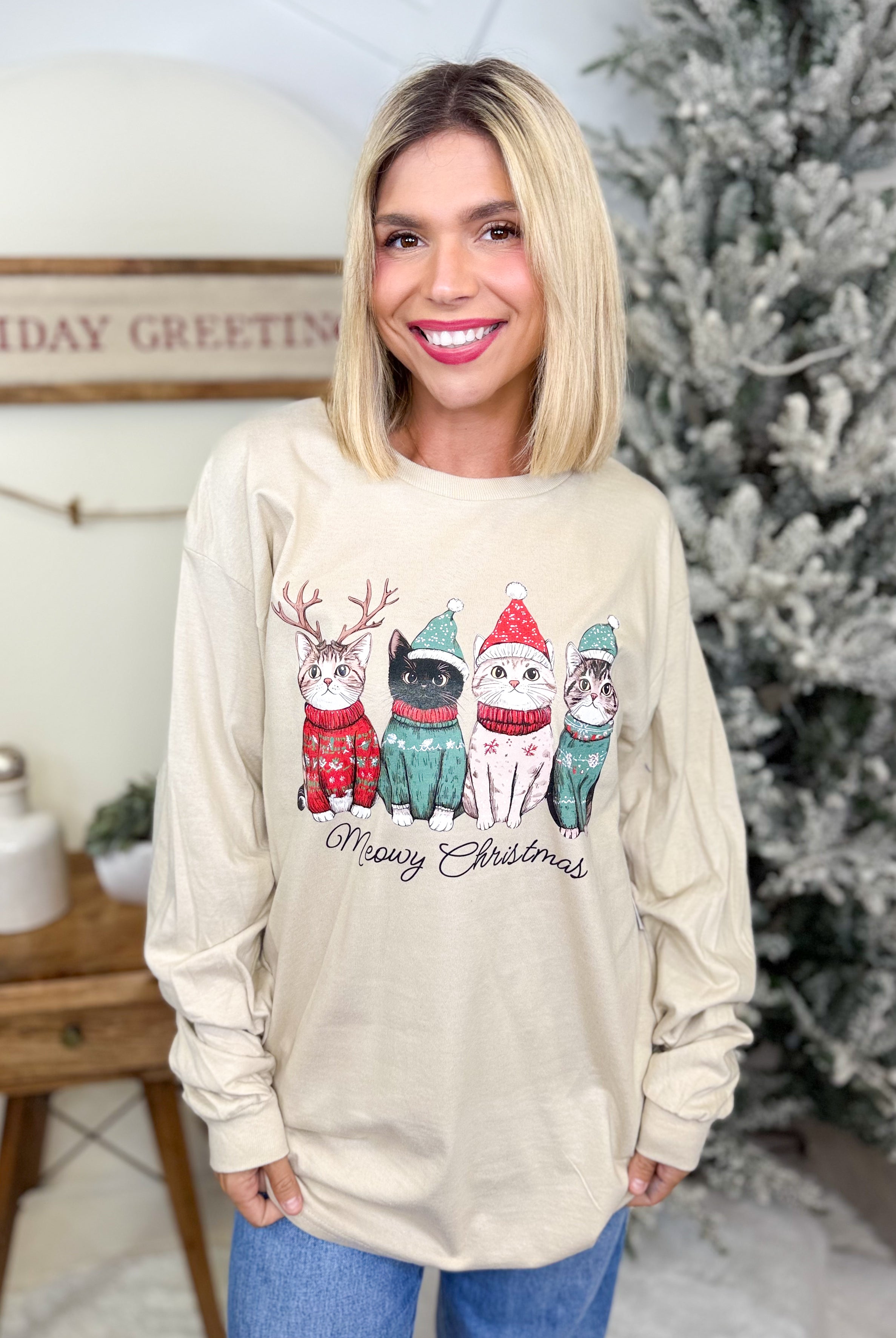 Meowy Christmas Graphic Long Sleeve-130 Graphic Tees-Heathered Boho-Heathered Boho Boutique, Women's Fashion and Accessories in Palmetto, FL