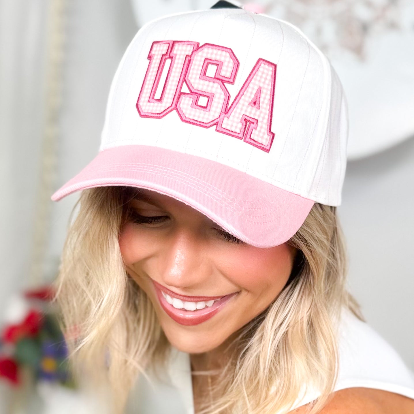 USA Pinstripe Trucker Hat-330 Headwear-Fashion City-Heathered Boho Boutique, Women's Fashion and Accessories in Palmetto, FL