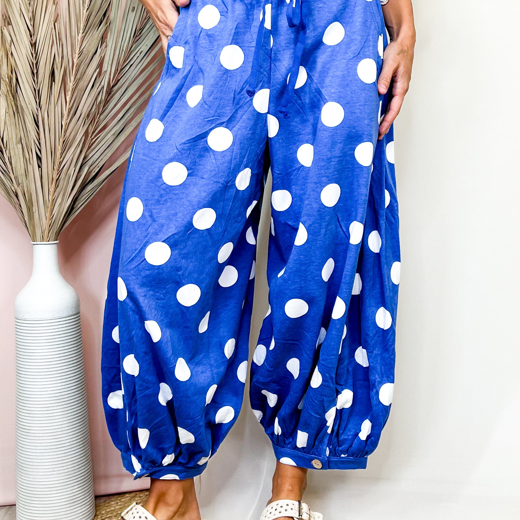 Restock: Dot It Your Way Balloon Pants-150 PANTS-ODDI-Heathered Boho Boutique, Women's Fashion and Accessories in Palmetto, FL