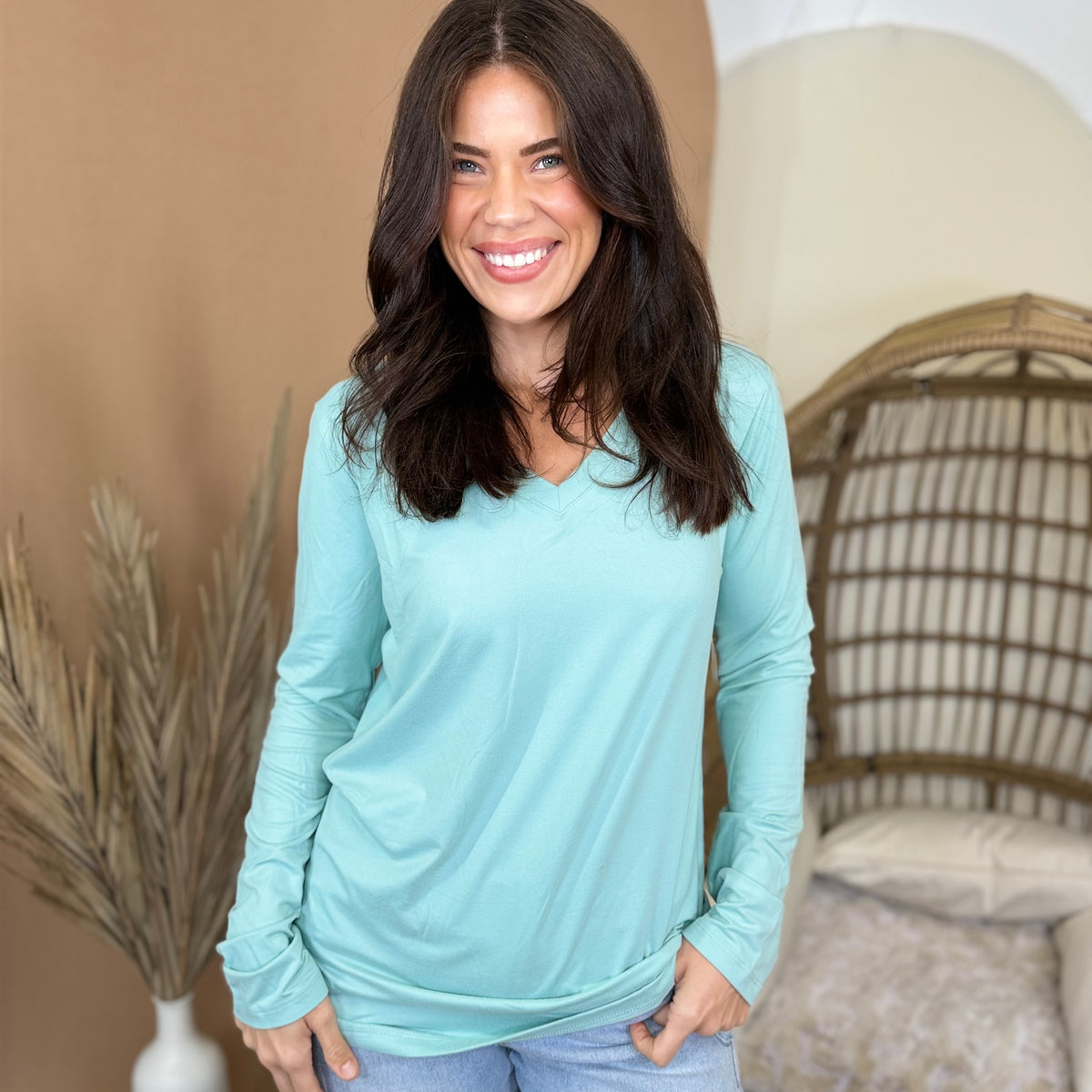 Gotta Have It V-Neck Top-120 LONG SLEEVE TOPS-ZENANA-Heathered Boho Boutique, Women's Fashion and Accessories in Palmetto, FL