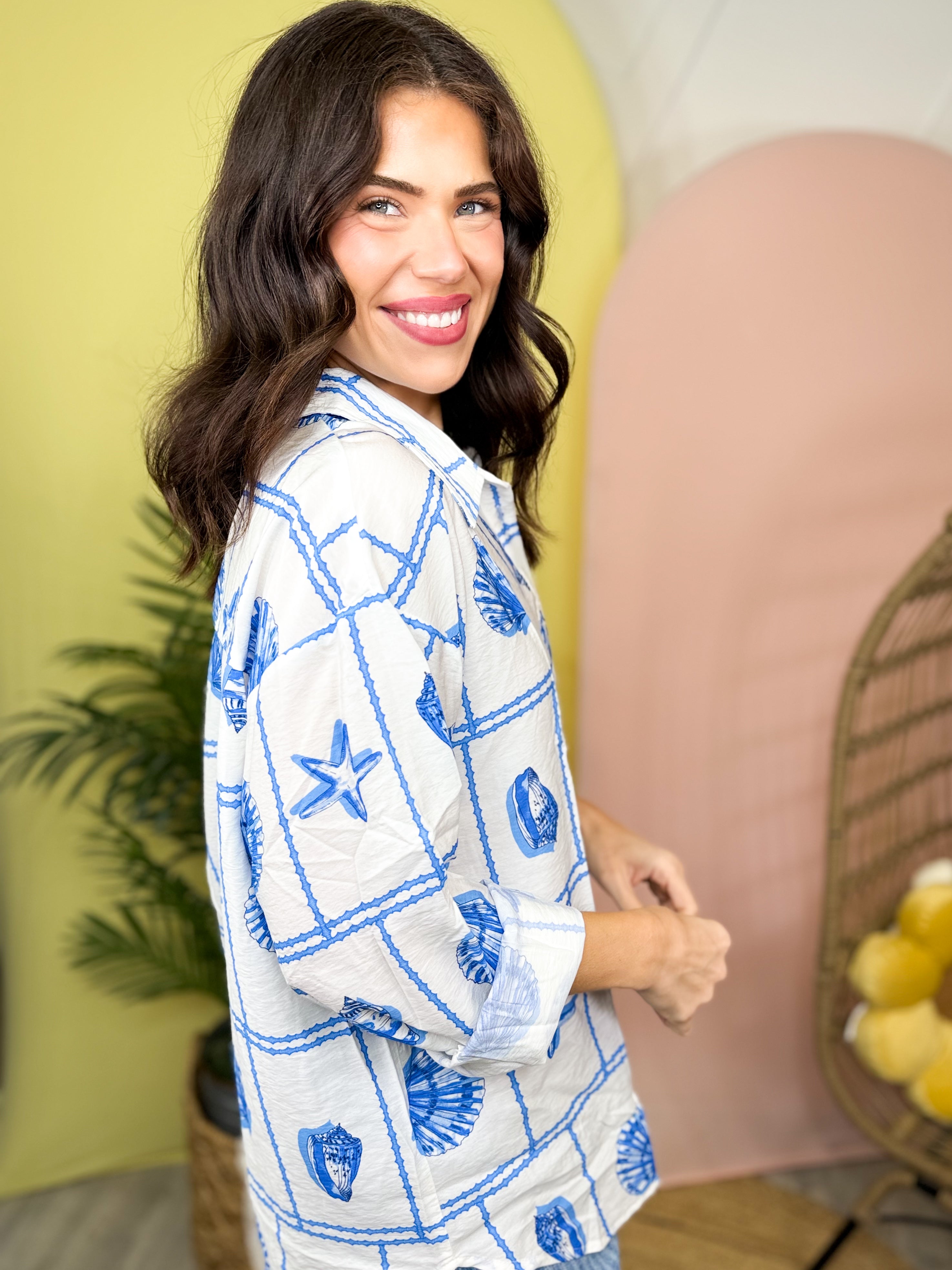Seaside Sketch Button Down-120 LONG SLEEVE TOPS-ODDI-Heathered Boho Boutique, Women's Fashion and Accessories in Palmetto, FL