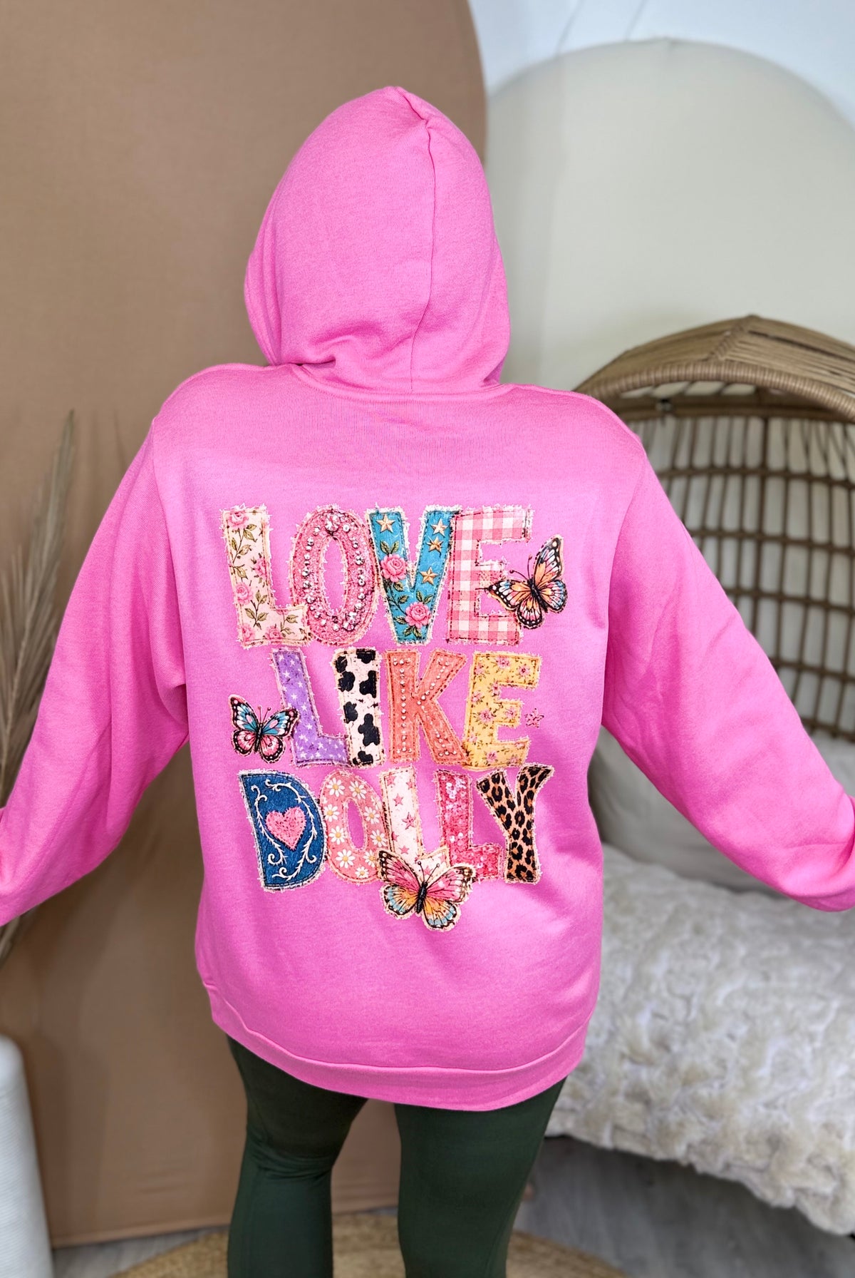 Love Like Dolly w/ Butterfly Pocket Graphic Hoodie-210 Hoodies-Heathered Boho-Heathered Boho Boutique, Women's Fashion and Accessories in Palmetto, FL