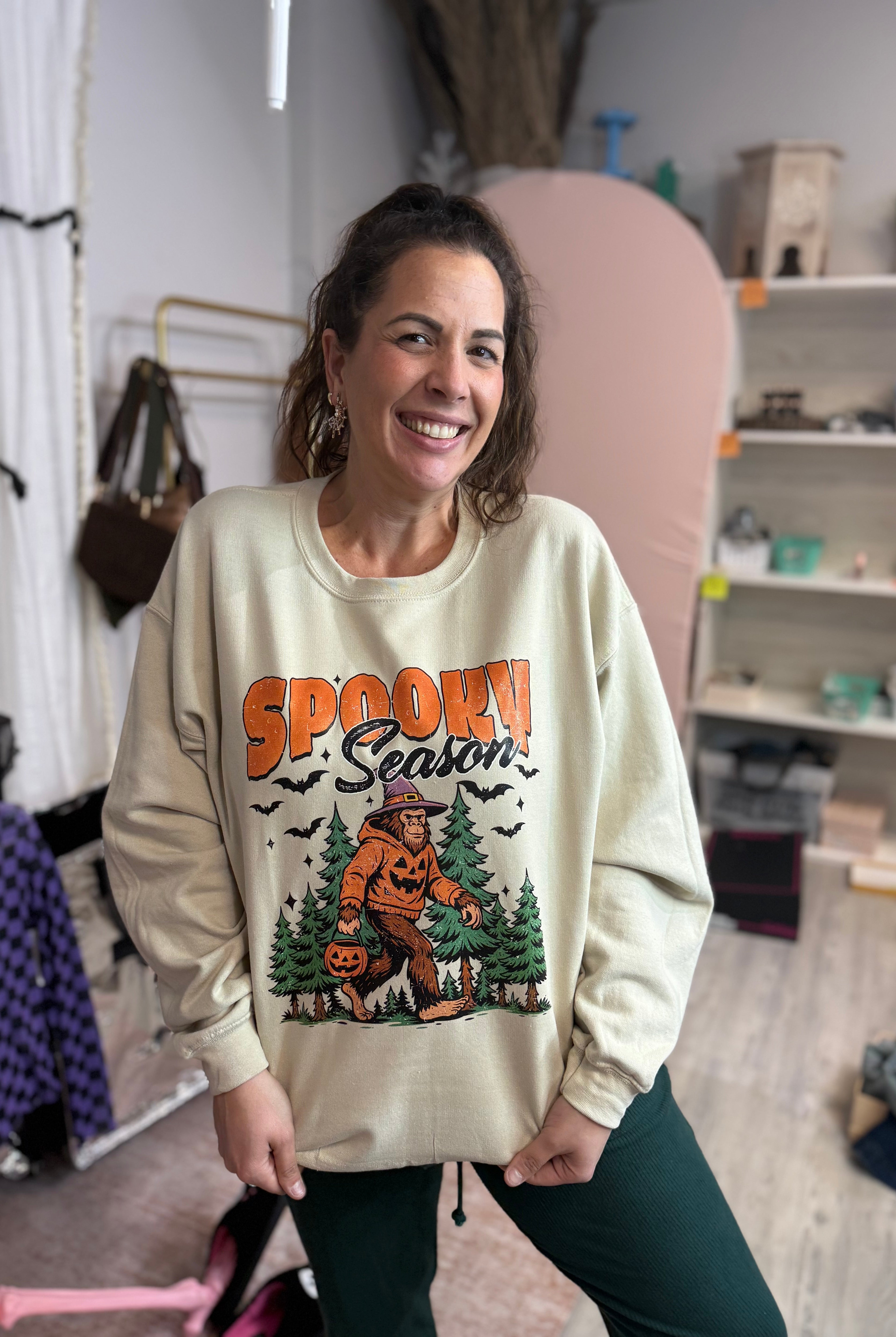 Spooky Sasquatch Graphic Sweatshirt-130 Graphic Tees-Heathered Boho-Heathered Boho Boutique, Women's Fashion and Accessories in Palmetto, FL
