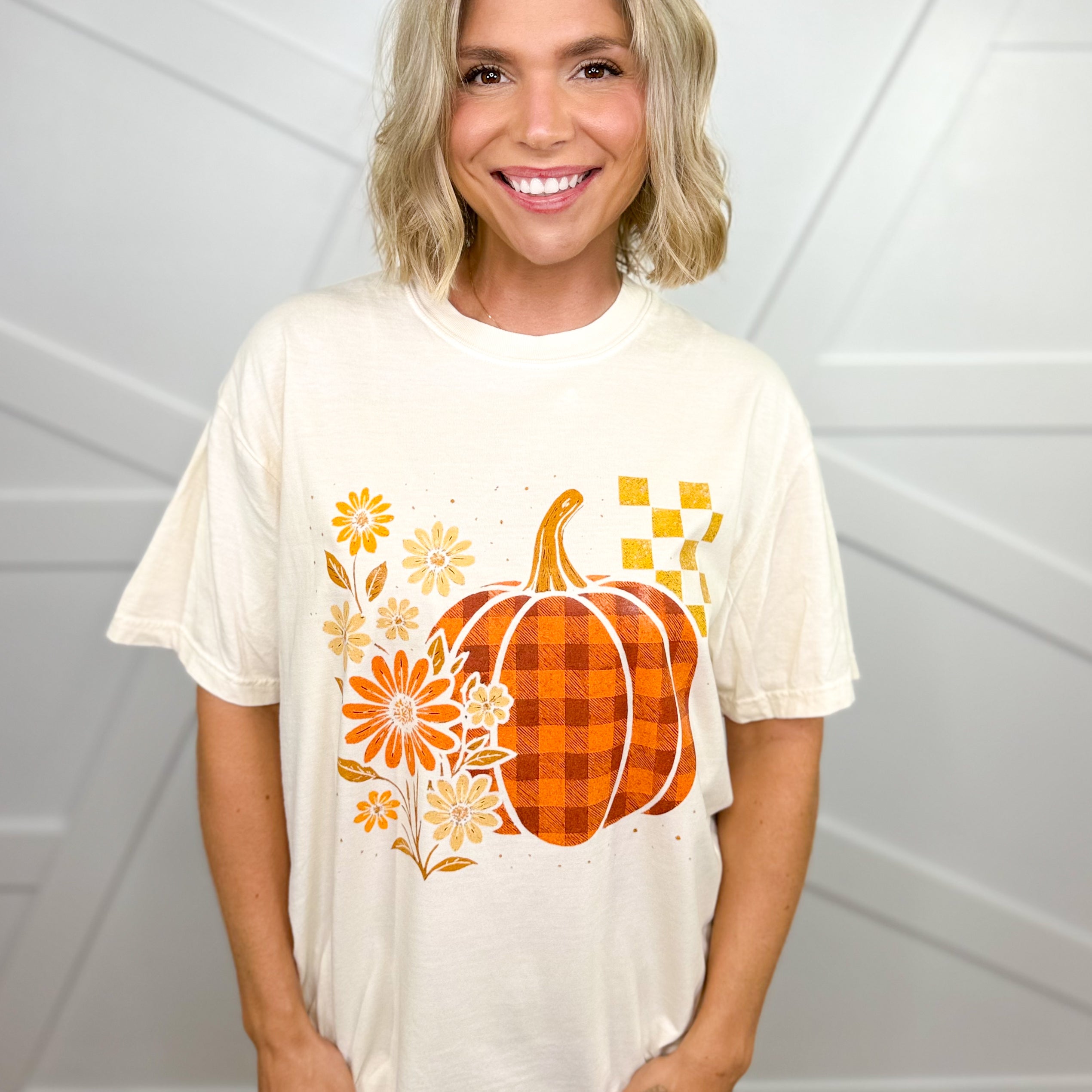 Plaid Pumpkin Graphic Tee-130 Graphic Tees-Heathered Boho-Heathered Boho Boutique, Women's Fashion and Accessories in Palmetto, FL