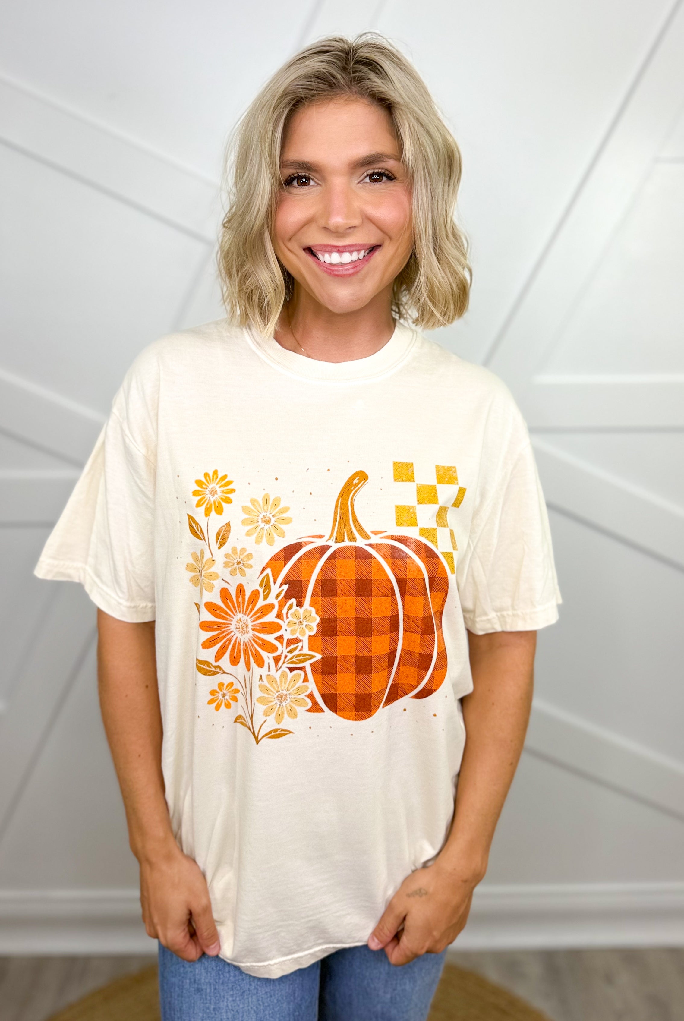 Plaid Pumpkin Graphic Tee-130 Graphic Tees-Heathered Boho-Heathered Boho Boutique, Women's Fashion and Accessories in Palmetto, FL