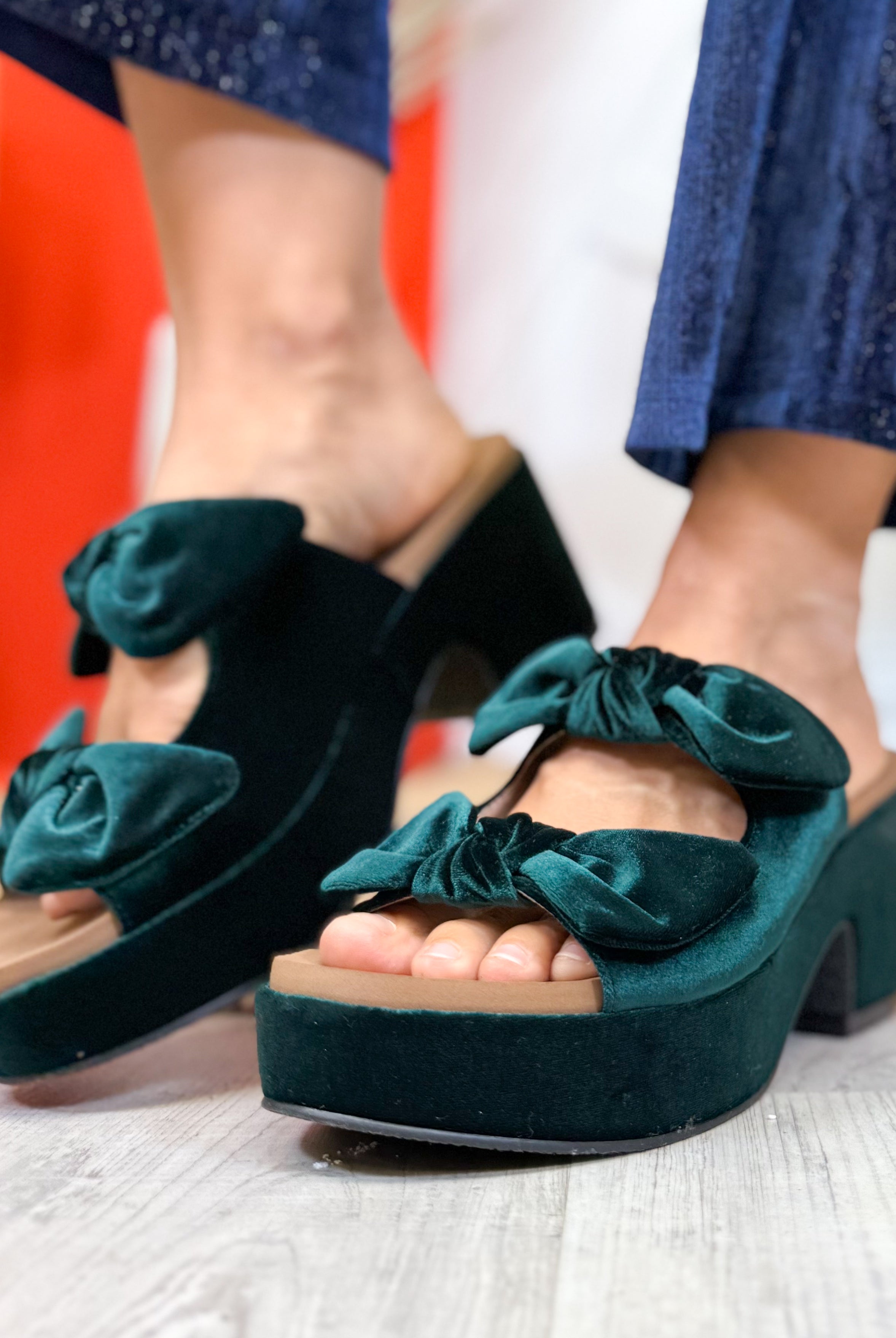 Put a Bow On It Wedges - Evergreen Velvet-350 SHOES-Corkys-Heathered Boho Boutique, Women's Fashion and Accessories in Palmetto, FL