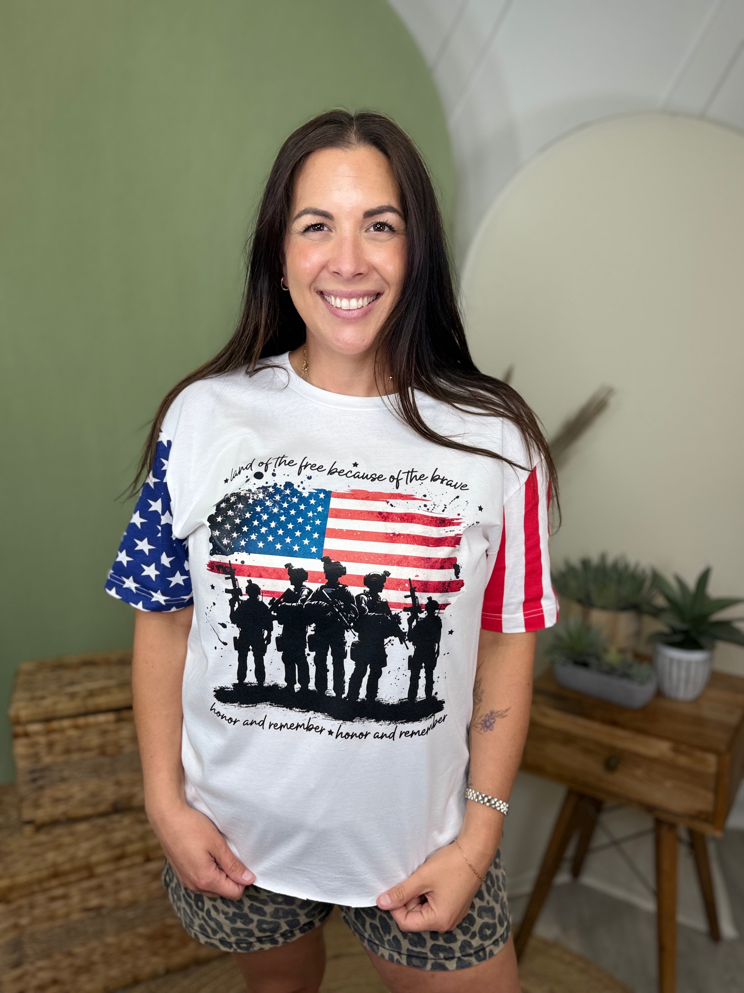 Land of the Free, Veteran Graphic Tee- Custom Cut-130 Graphic Tees-Heathered Boho-Heathered Boho Boutique, Women's Fashion and Accessories in Palmetto, FL
