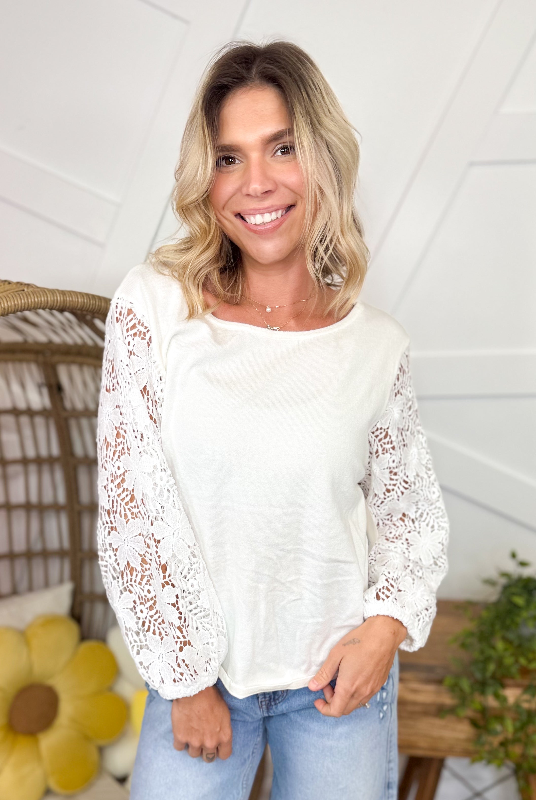 Lace in Grace Top-120 LONG SLEEVE TOPS-WHITE-Heathered Boho Boutique, Women's Fashion and Accessories in Palmetto, FL