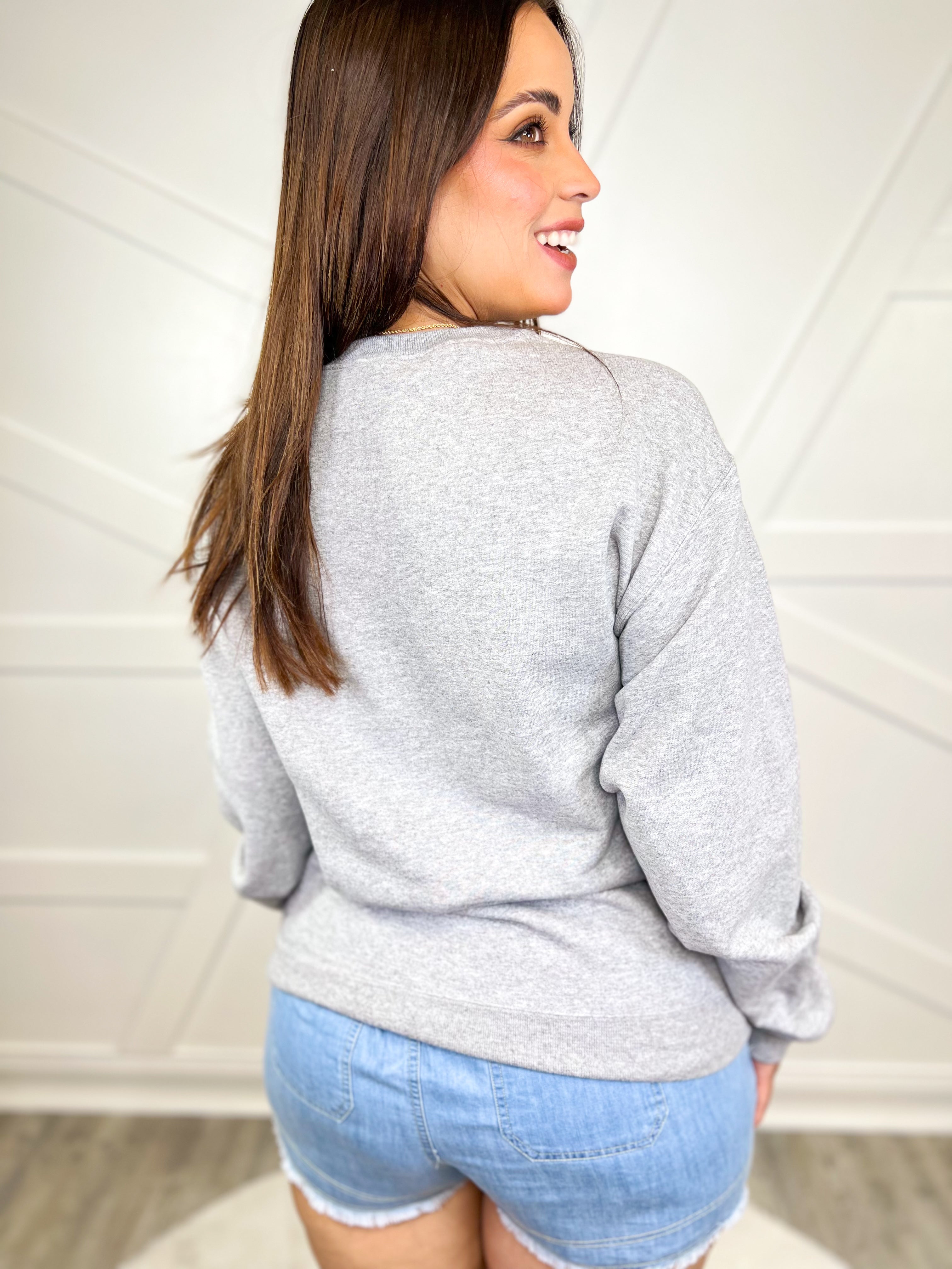 He's Hunting Graphic Sweatshirt-130 Graphic Tees-SUGAR STITCH-Heathered Boho Boutique, Women's Fashion and Accessories in Palmetto, FL